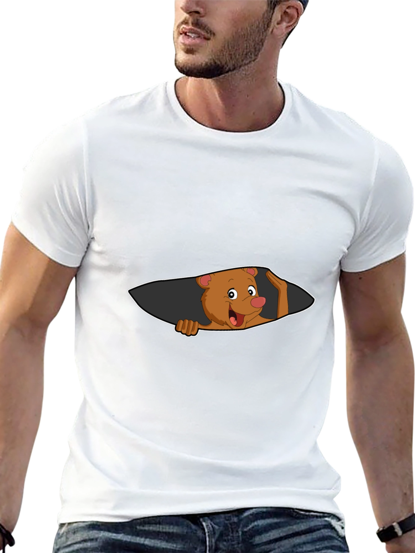 Black Cartoon Bear Peeking Men's Black T-Shirt view 13