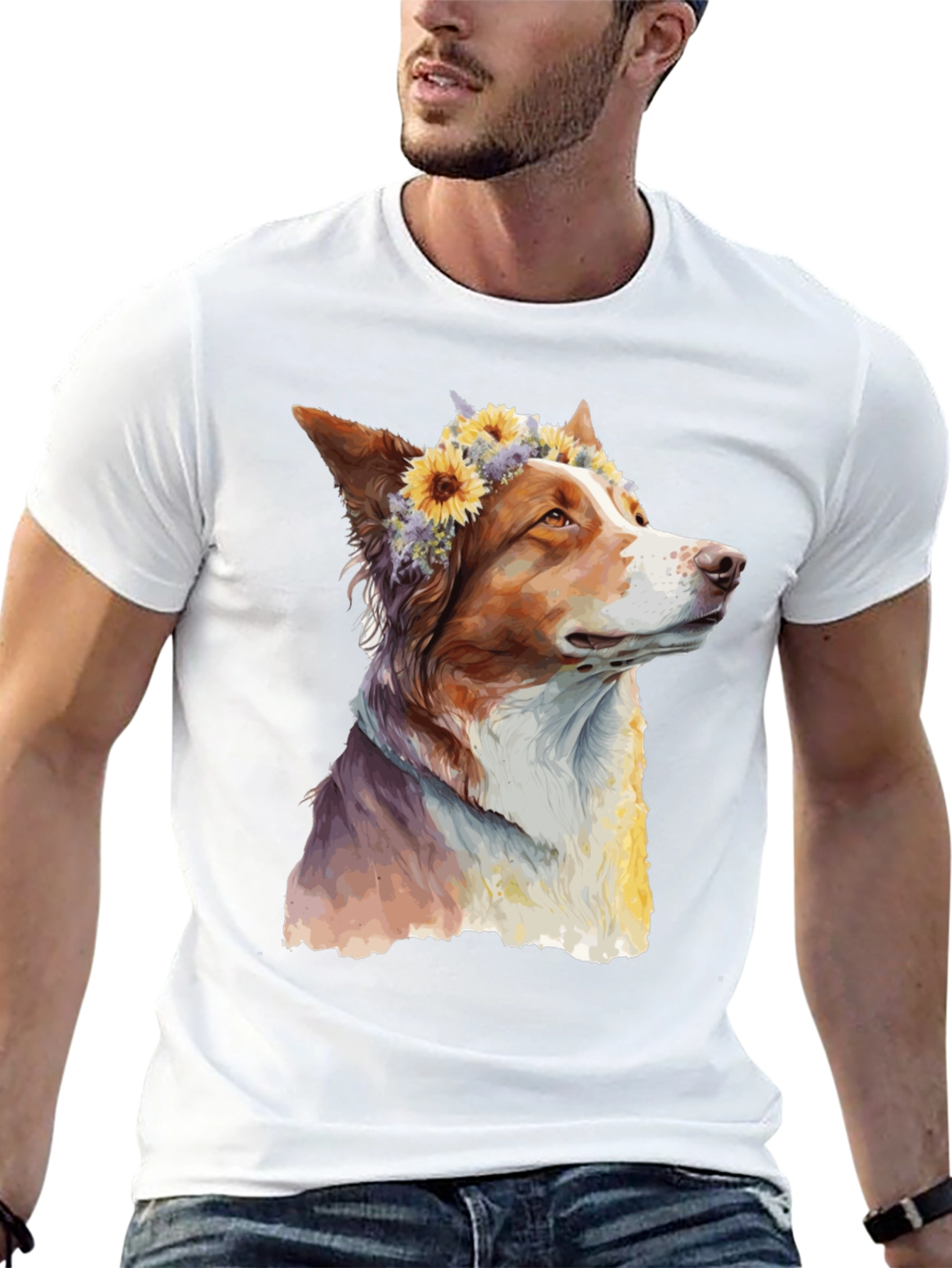Black Dog with Flowers Graphic Tee - Artistic Print view 13