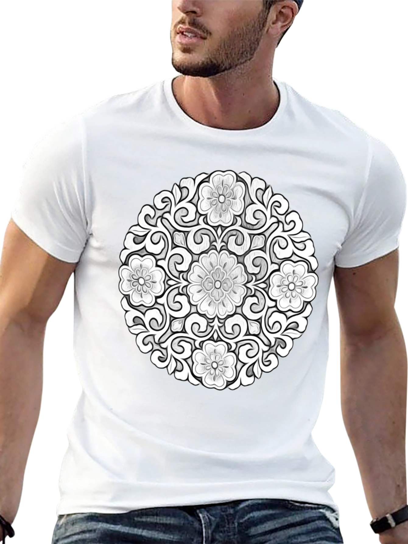 Black Floral Mandala Graphic Tee - Modern Black T-Shirt view 13