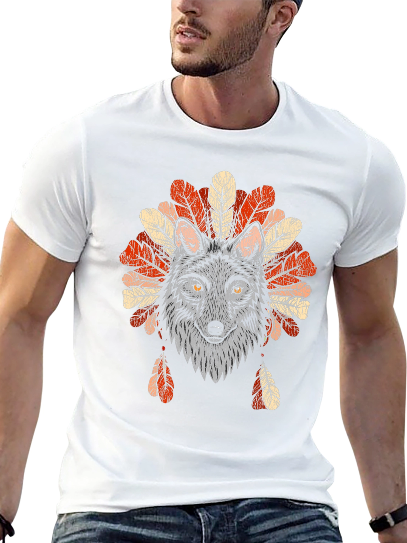 Black Wolf Headdress Graphic Tee - Native American Style T-Shirt view 13