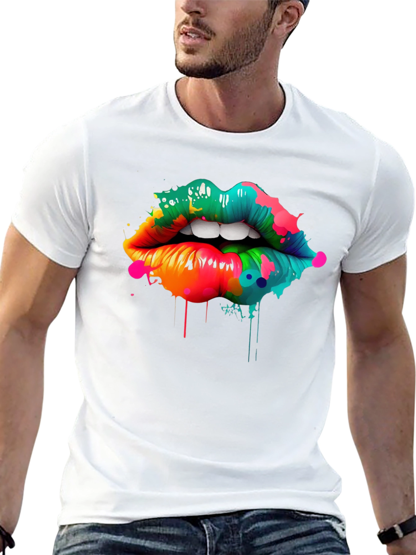 Black Colorful Lips Graphic Print T-Shirt view 13