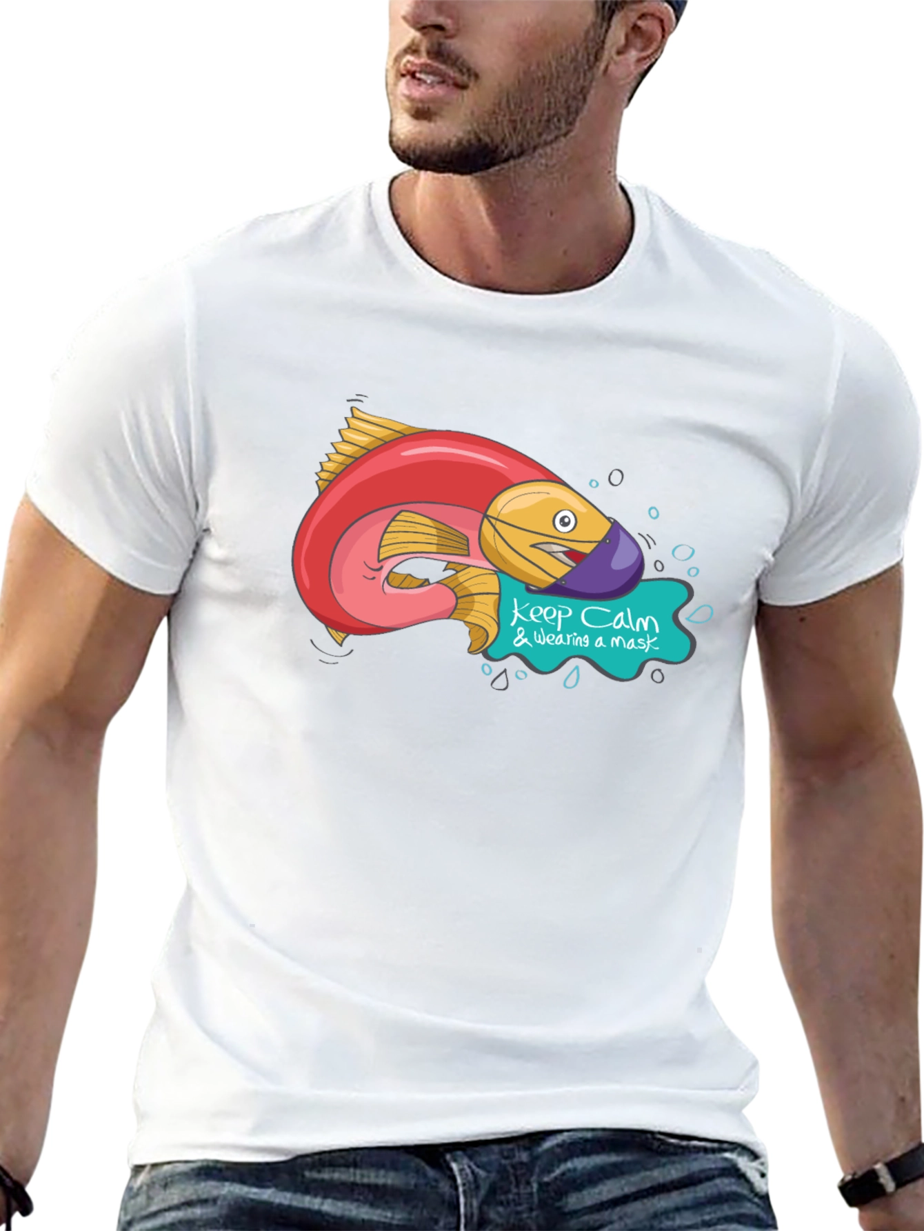 Black Funny Fish Wearing Mask Graphic T-Shirt view 13