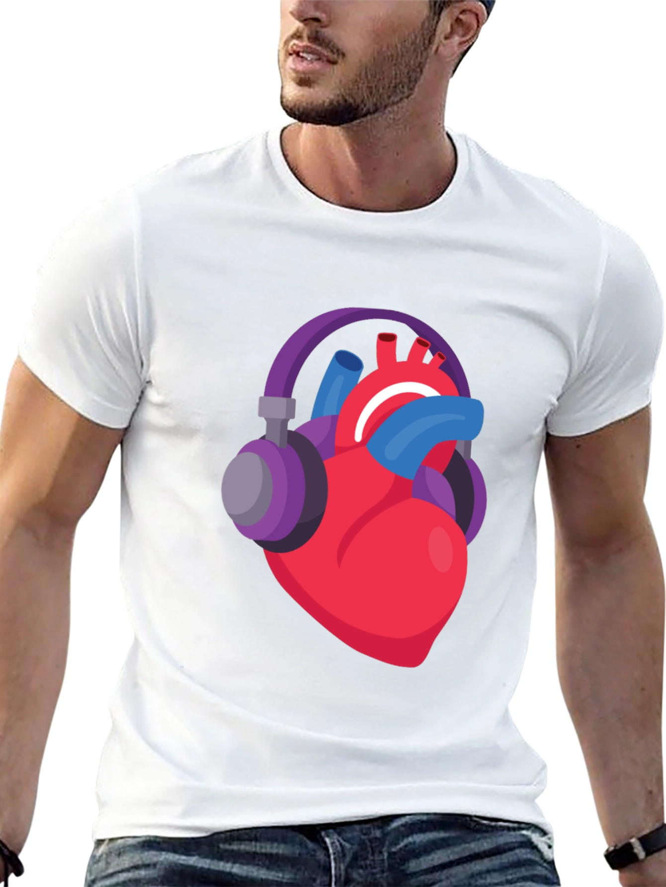 Black Heartbeat Headphones Graphic Tee - Music Lover Shirt view 13