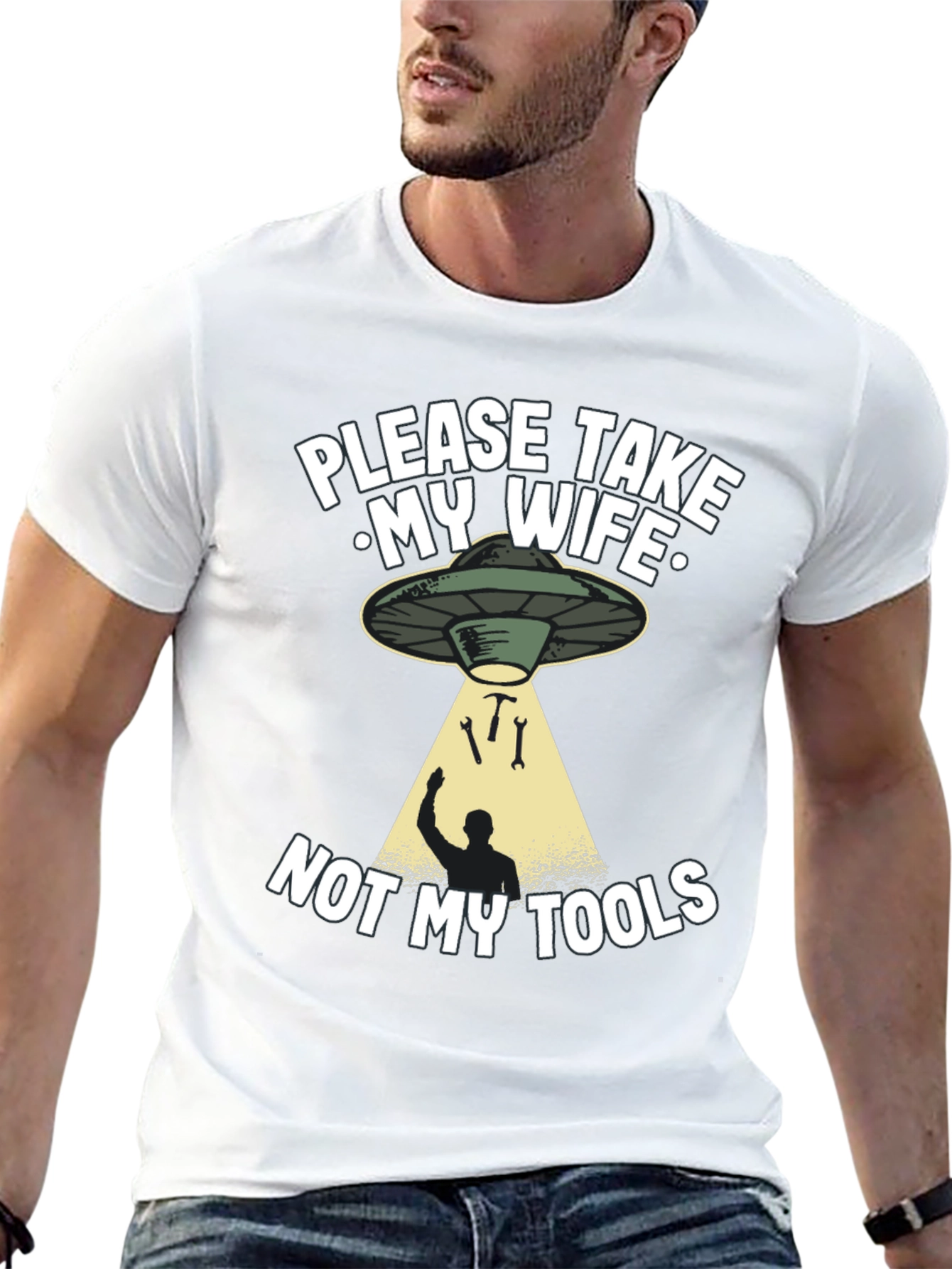 Black Funny Alien Abduction Graphic T-Shirt - Take My Wife, Not My Tools view 13