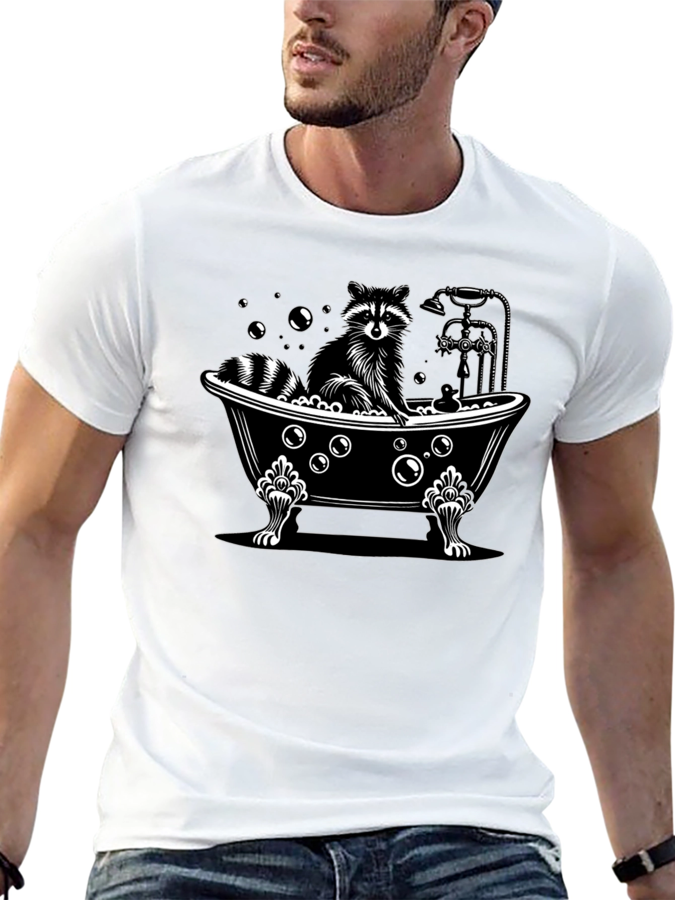 Black Raccoon Bathtub Graphic Tee - Unisex Black Cotton T-Shirt view 13