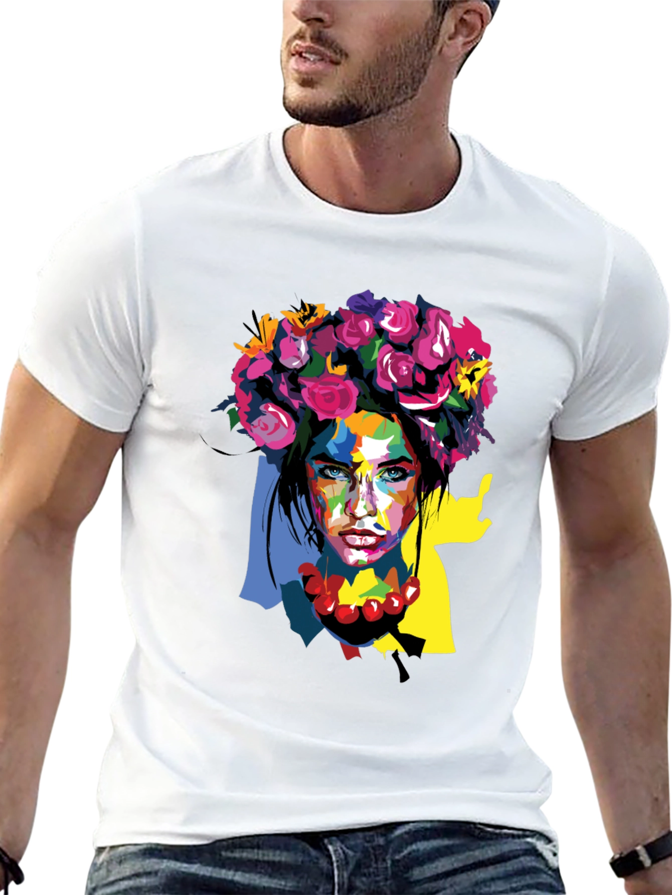 Black Floral Woman Graphic Tee - Artistic Fashion Shirt view 13