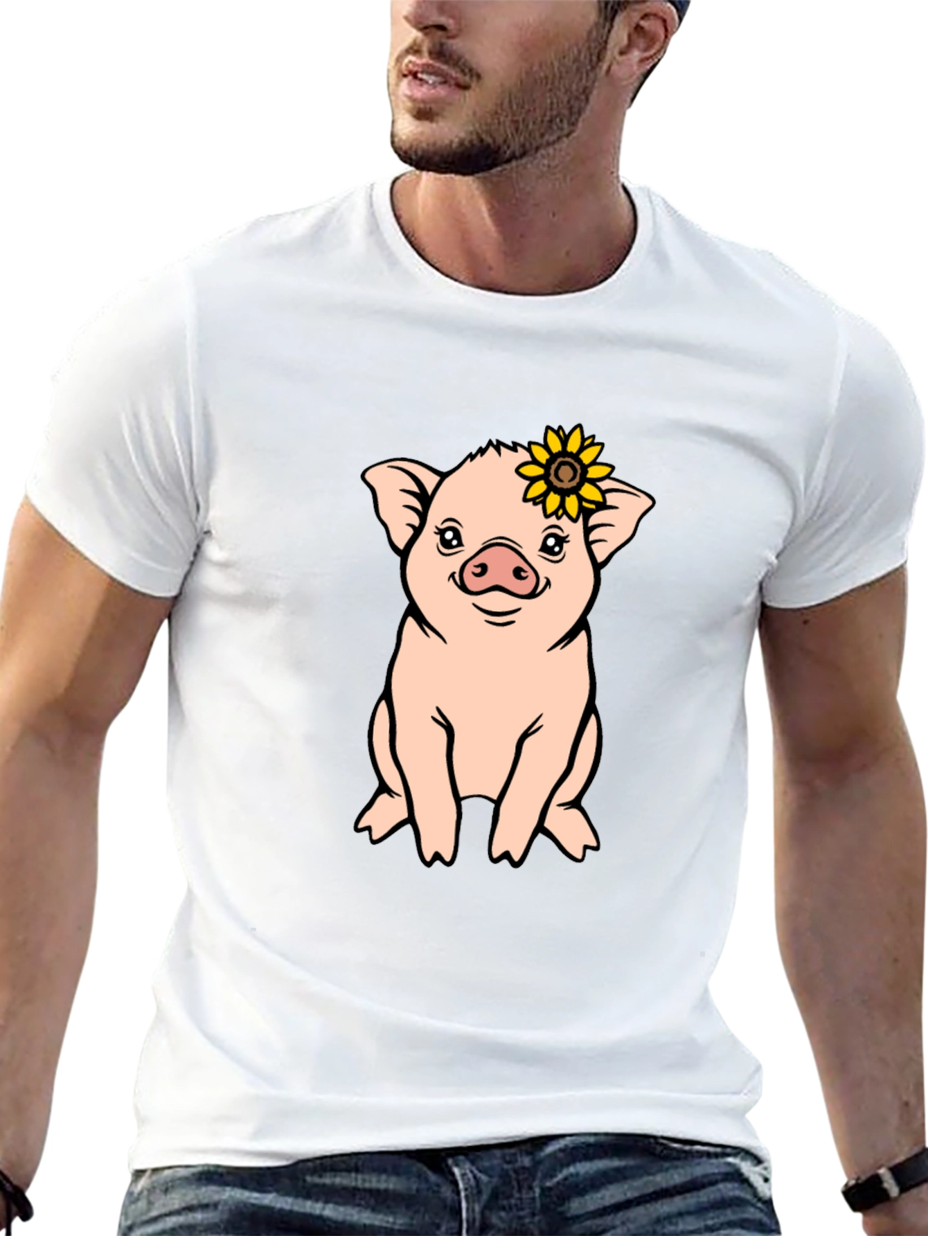 Black Cute Pig with Sunflower Graphic T-Shirt view 13