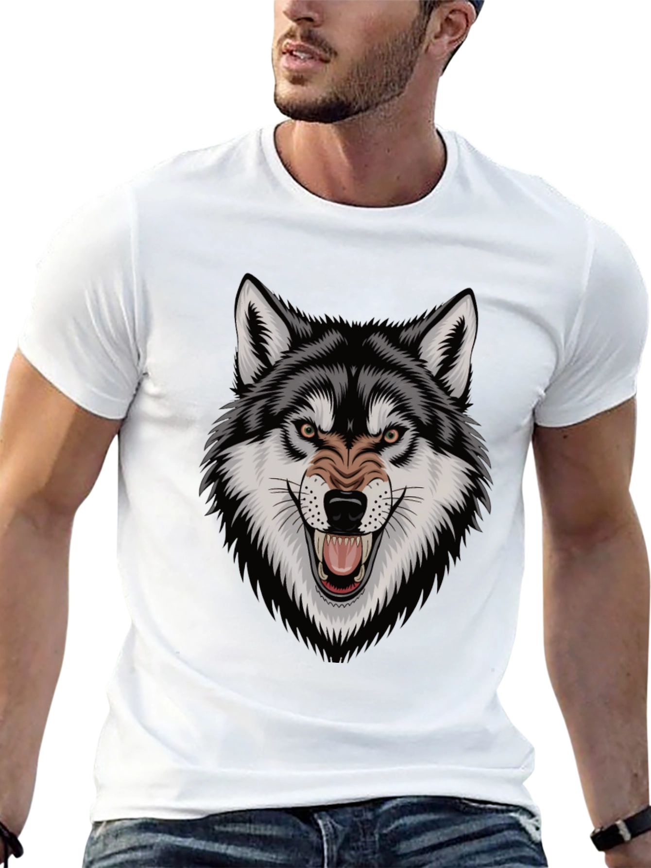 Black Men's Wolf Graphic Tee - Fierce Design, Black Cotton T-Shirt view 13