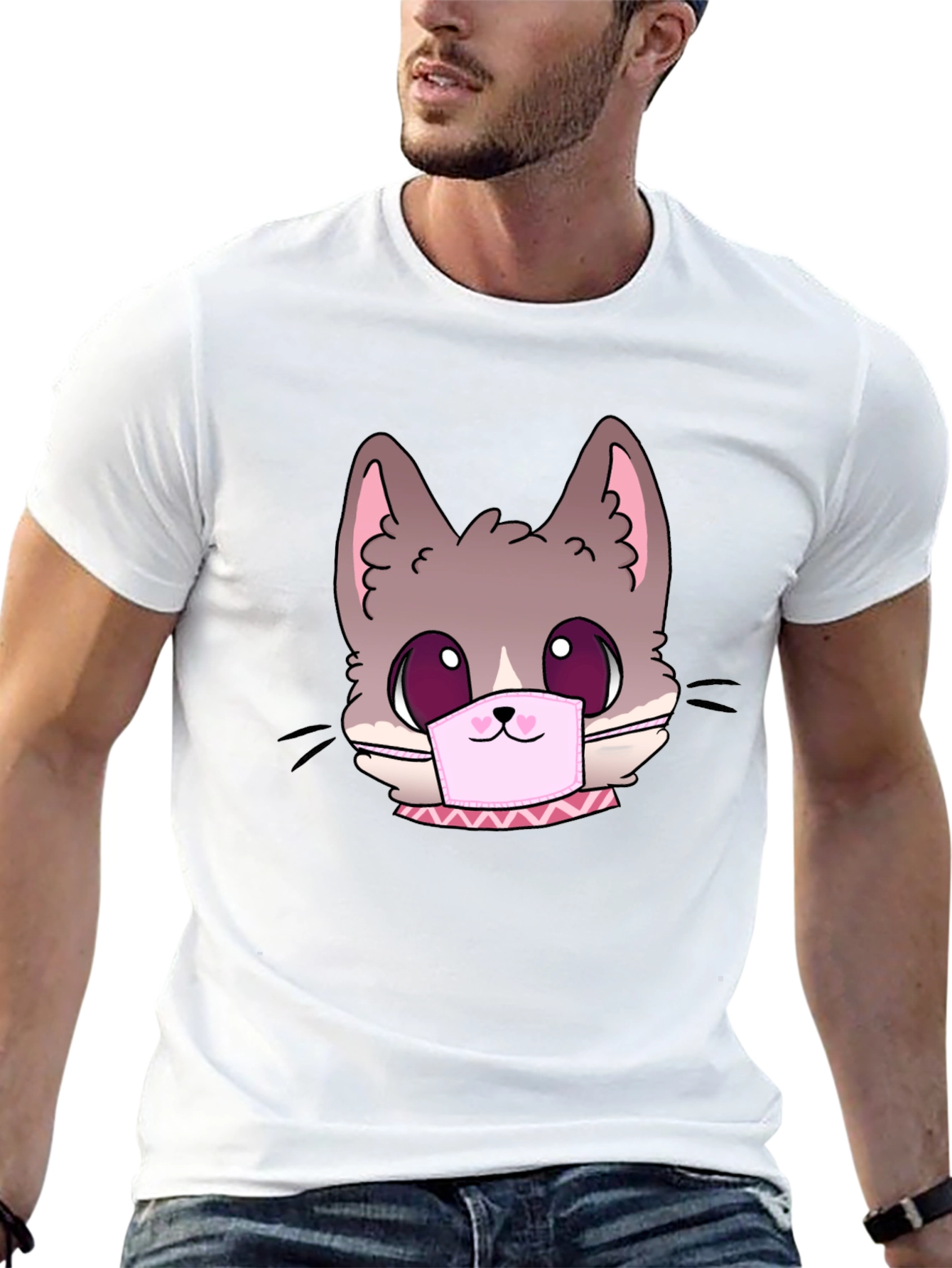 Black Cute Cat Face Mask Graphic T-Shirt view 13