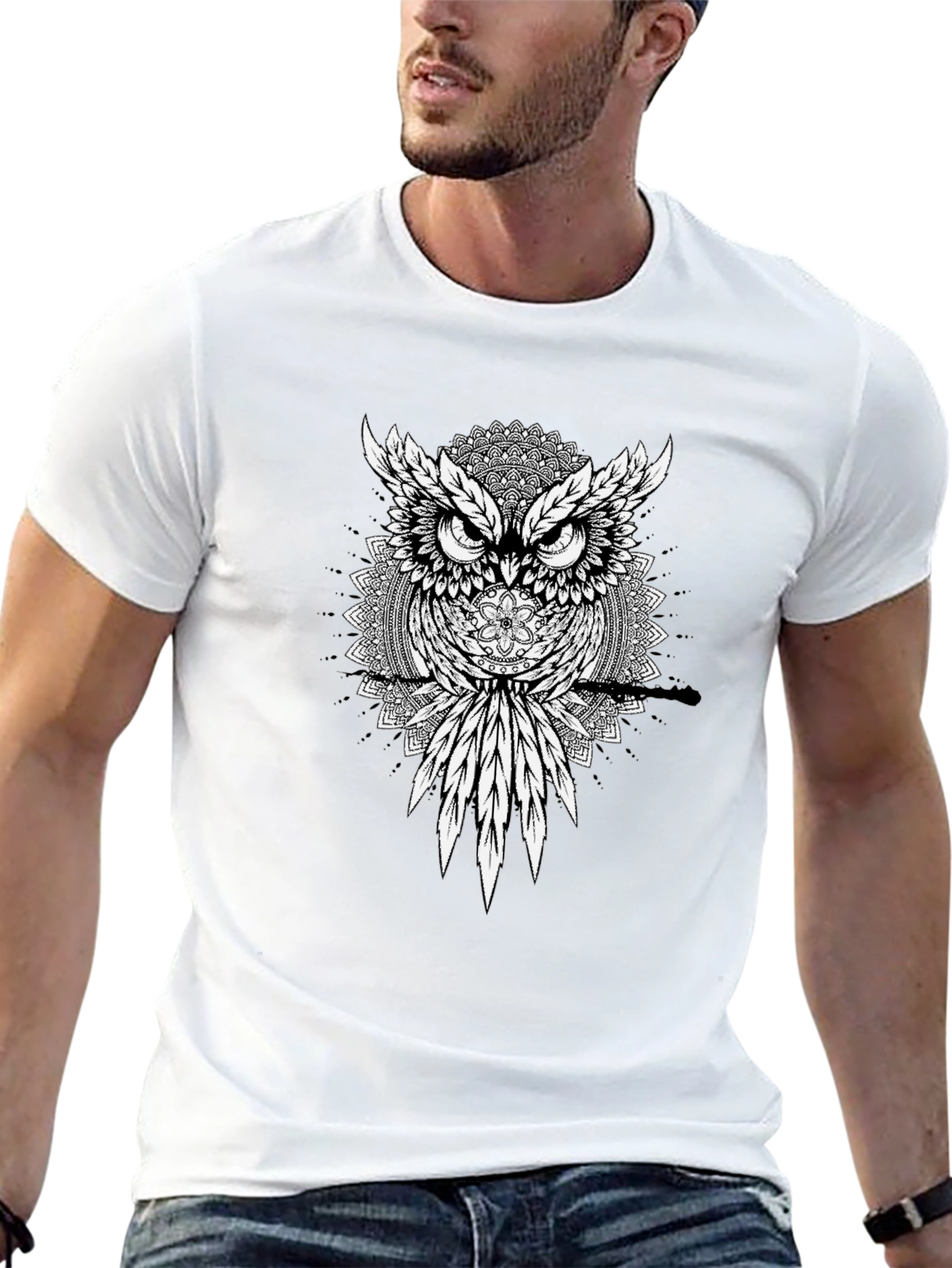 Black Owl Mandala Graphic Tee - Men's Black T-Shirt view 13