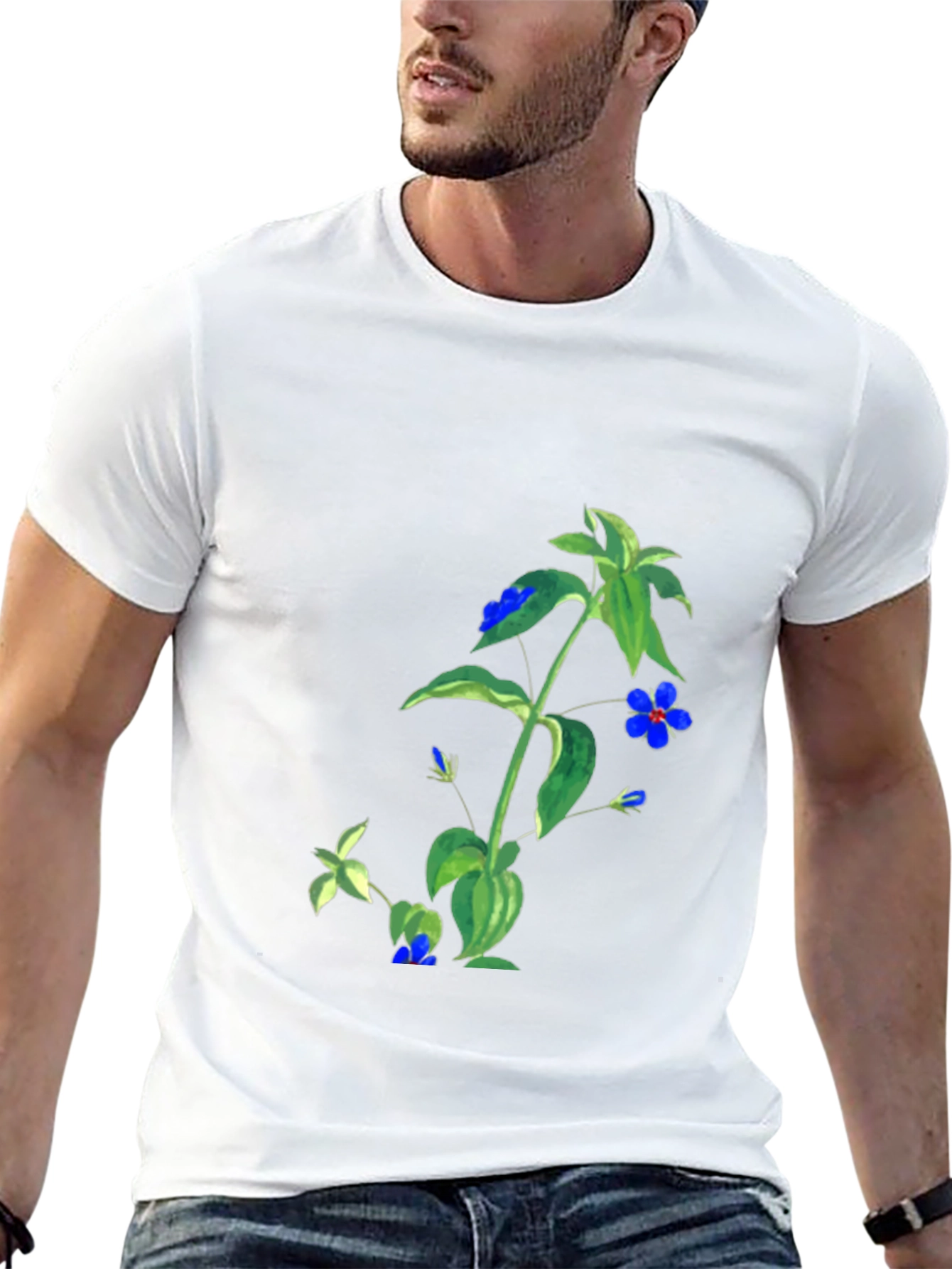 Black Botanical Blue Flower Graphic Black T-Shirt view 13