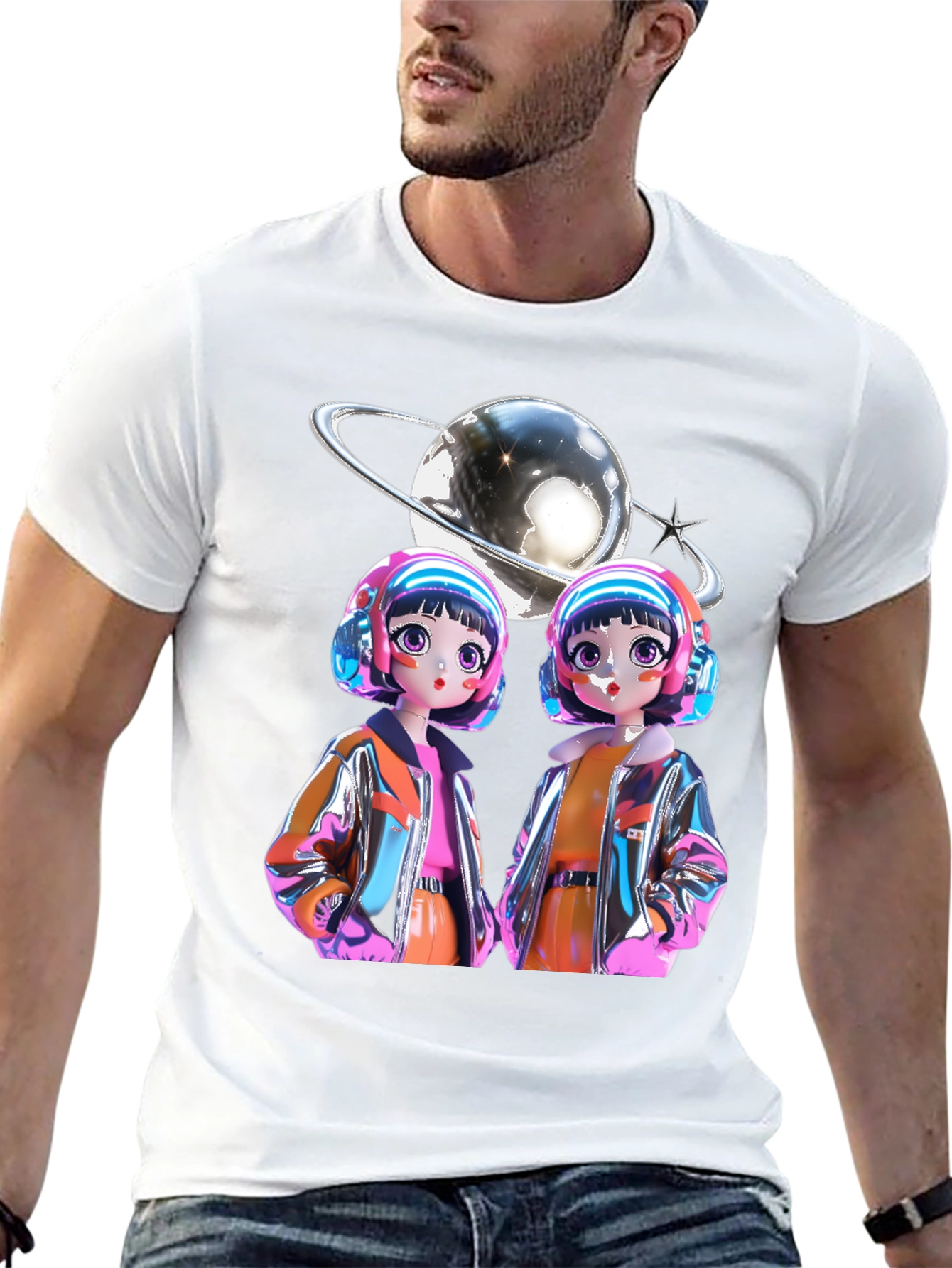 Black Retro Anime Twins Graphic Tee - Black Cotton T-Shirt view 13