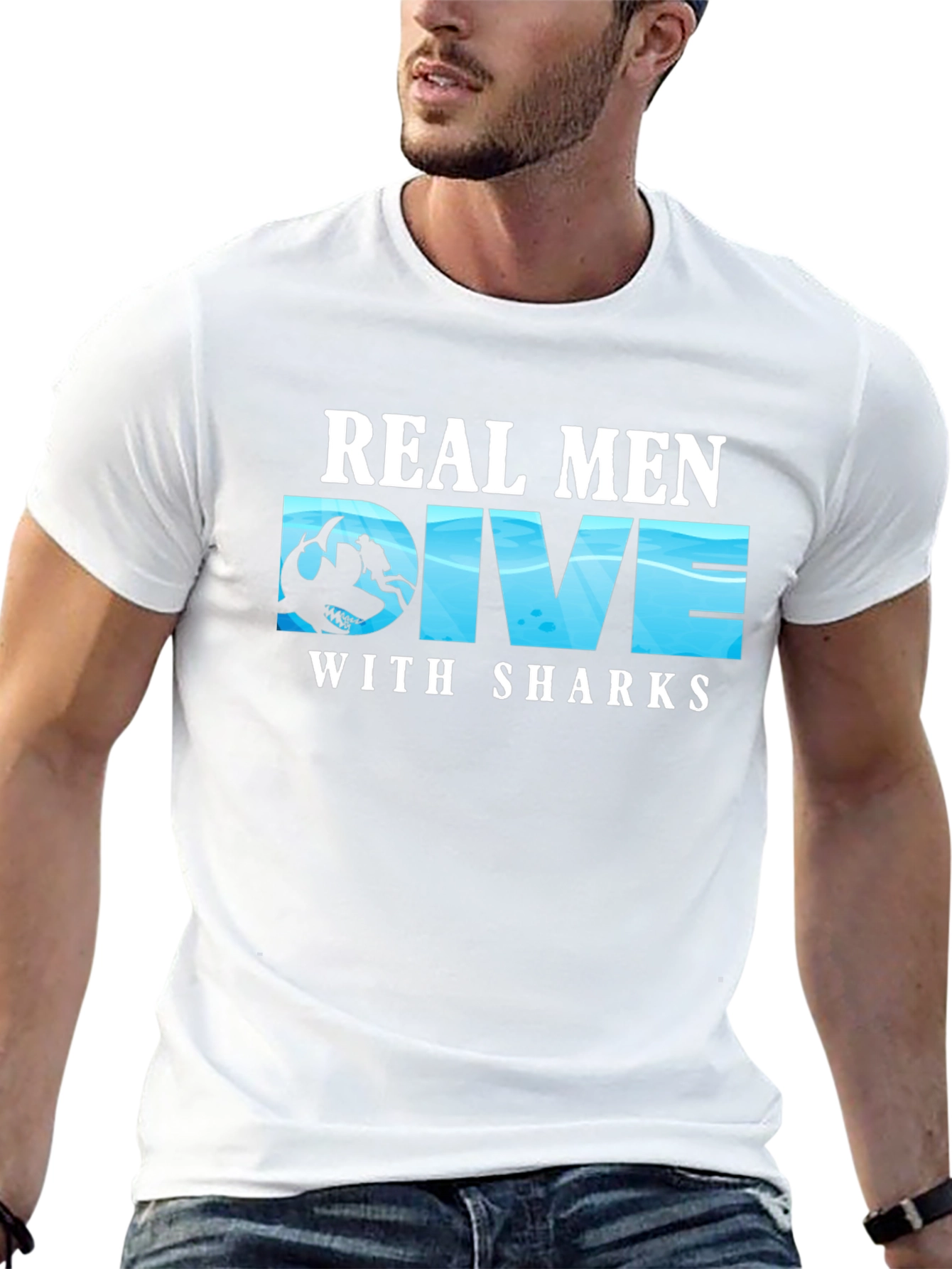 Black Real Men Dive With Sharks T-Shirt view 13