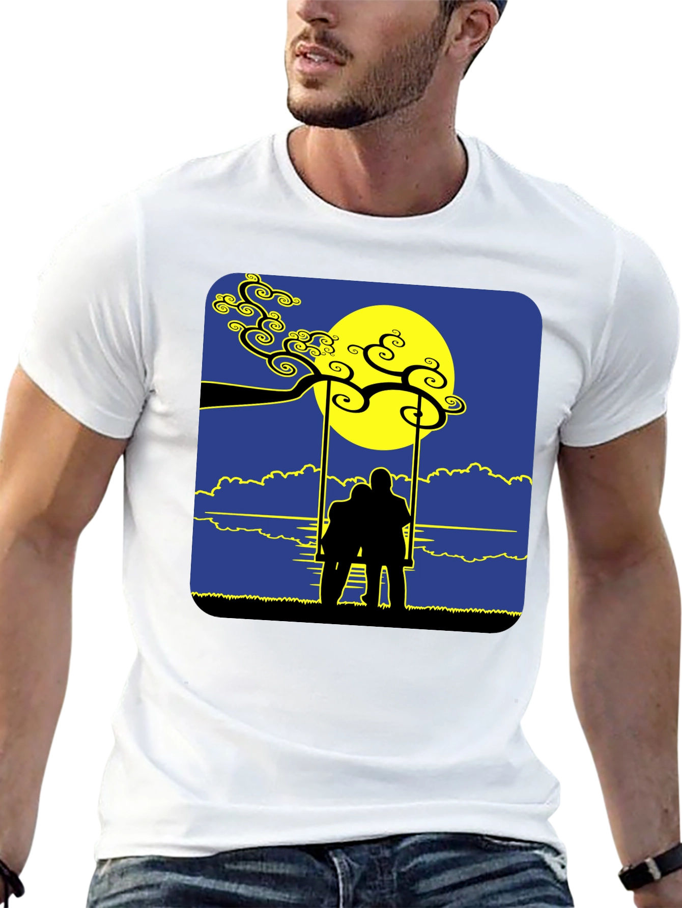 Black Romantic Silhouette Tee: Lovers on a Swing at Moonrise view 13