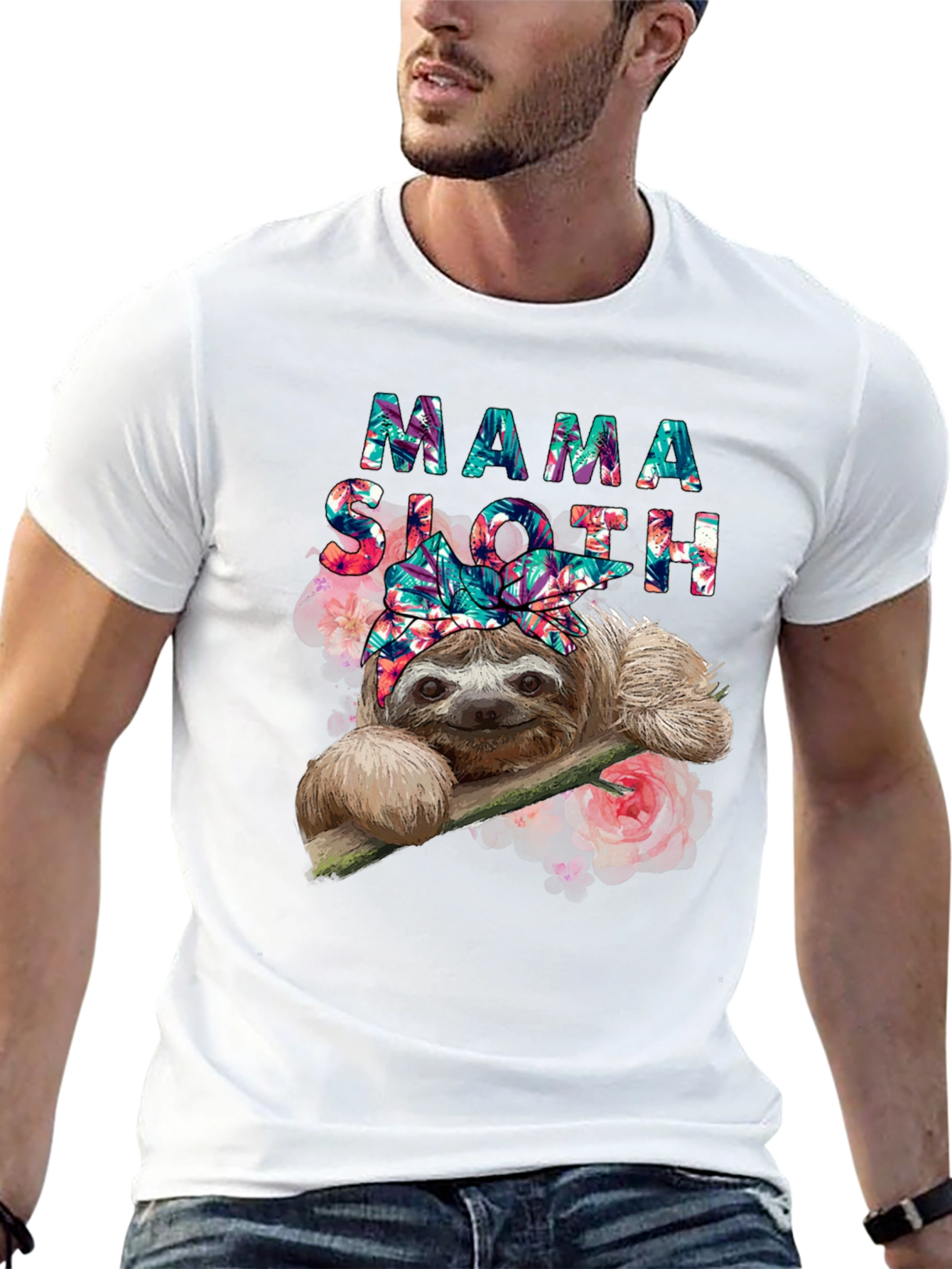 Black Mama Sloth Floral T-Shirt - Cute Animal Tee view 13