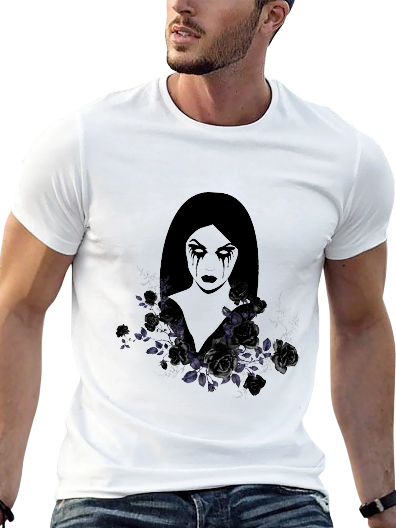 Black Gothic Woman & Roses Graphic Tee - Dark Aesthetic Shirt view 13