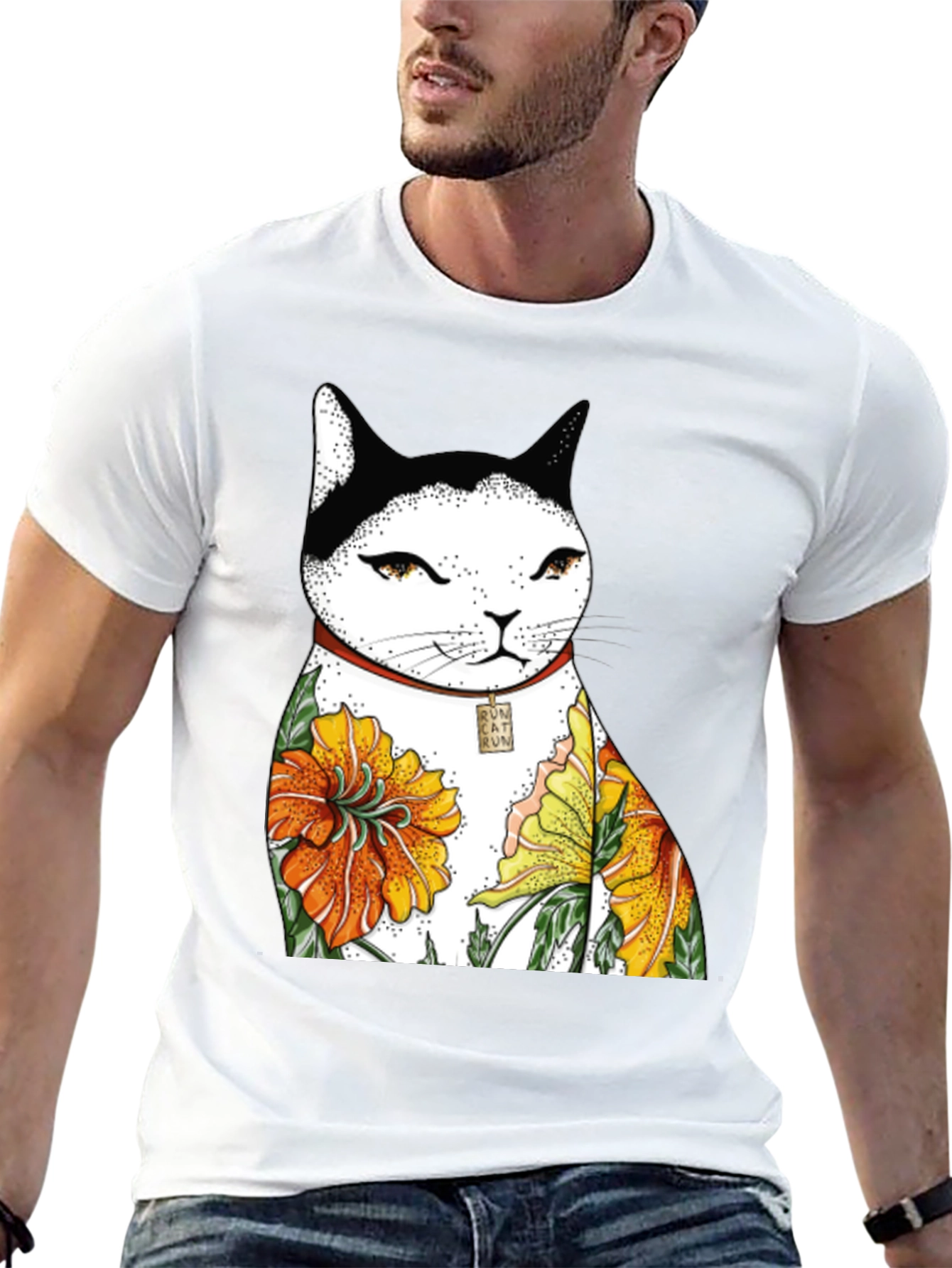 Black Cat & Flowers Black T-Shirt view 13