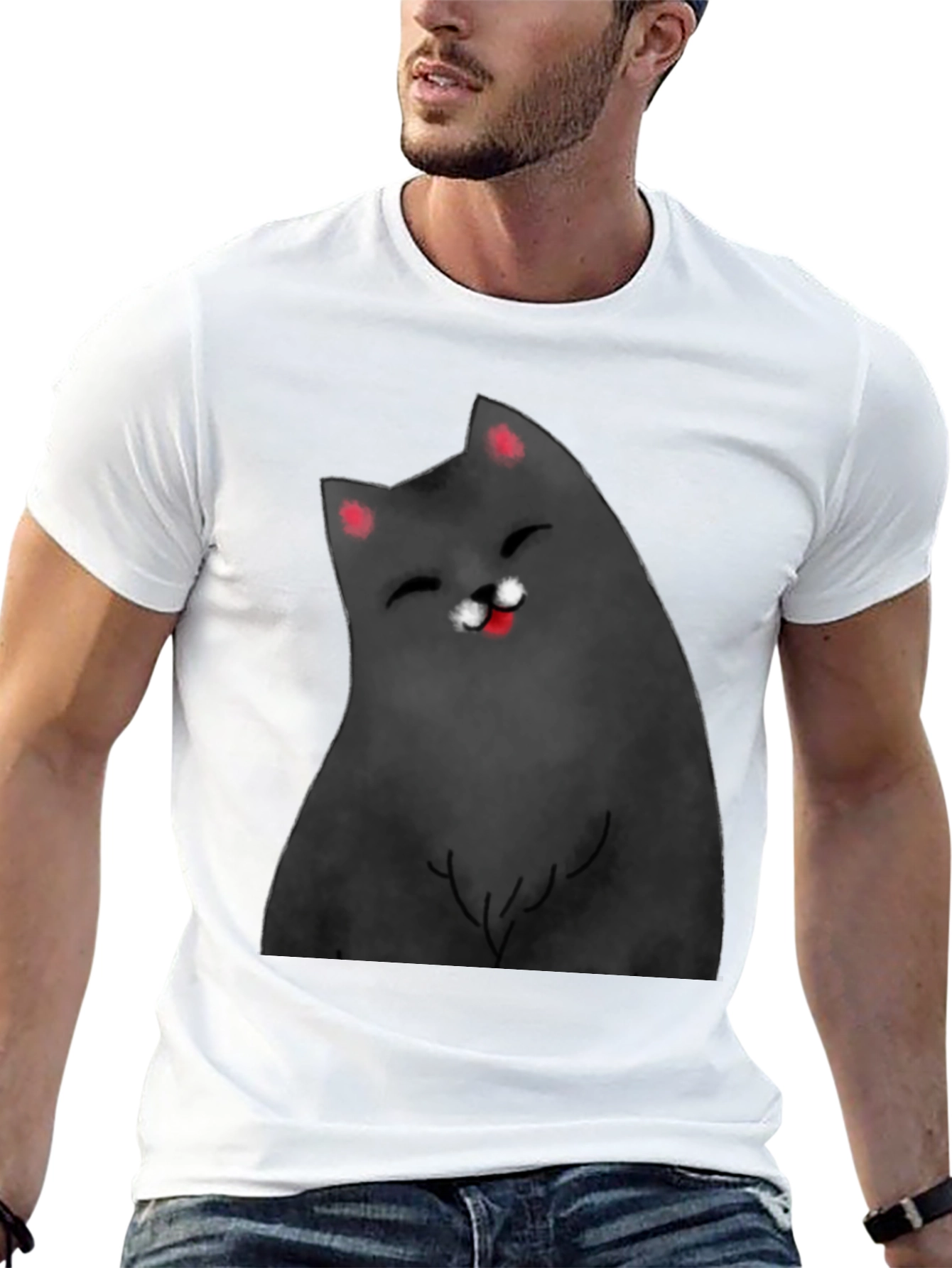 Black Smiling Cat Graphic Tee - Black Cotton Blend Shirt view 13