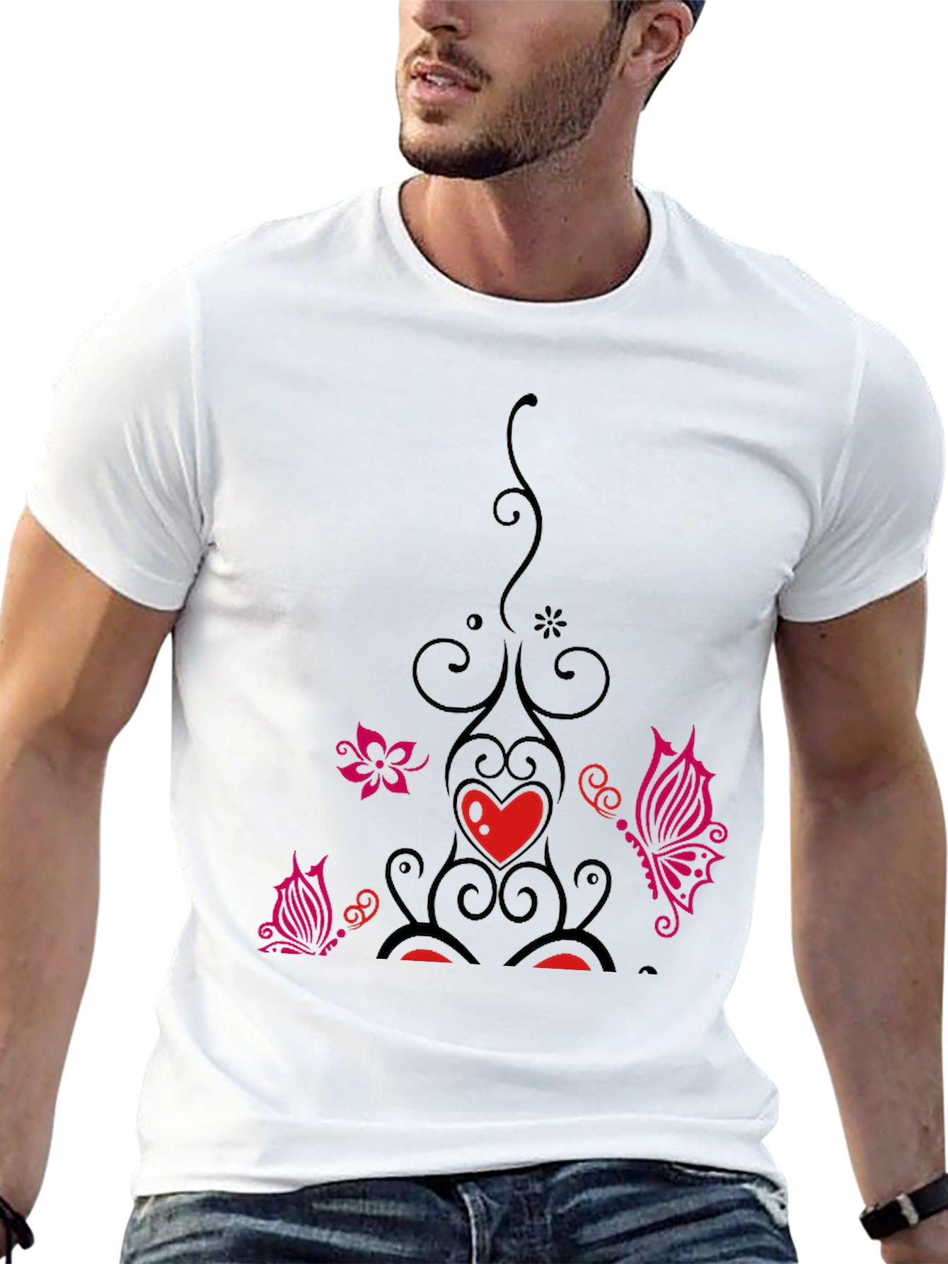Black Black Tee with Floral Heart Butterfly Design view 13