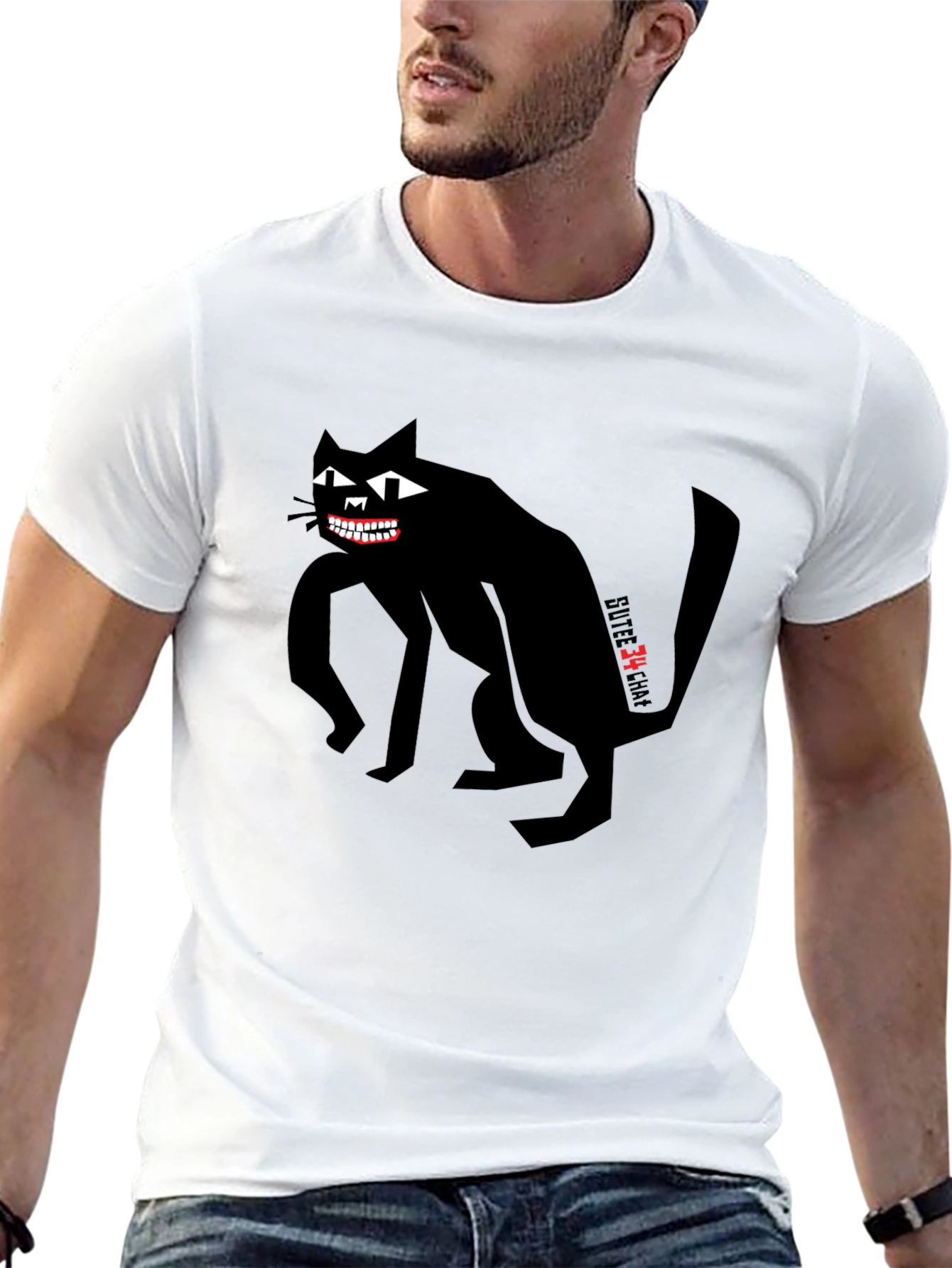 Black Creepy Cat Graphic Tee - Men's Black T-Shirt view 13