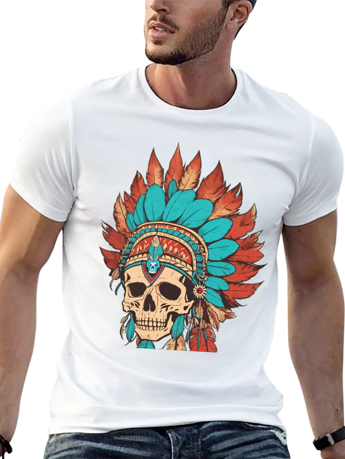Black Skull Chief Headdress Graphic Tee - Cool Unique Design view 13