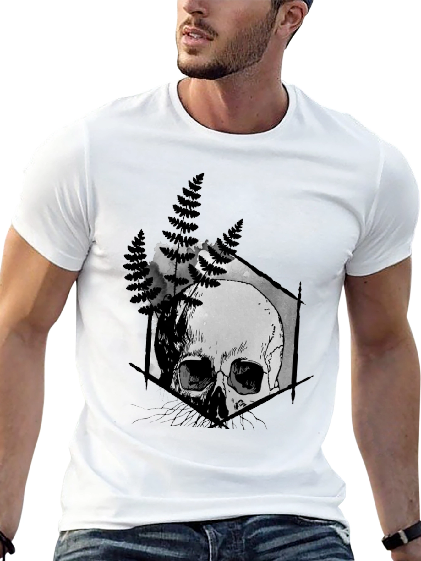 Black Skull Fern Graphic Print Black T-Shirt view 13