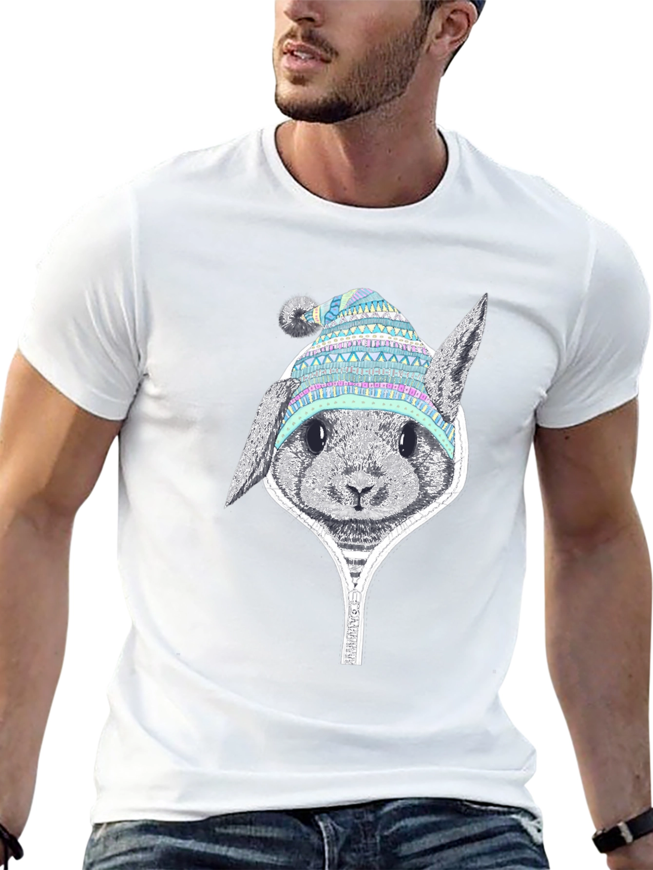 Rabbit Hat Graphic Tee - Soft Cotton Casual Wear - 13