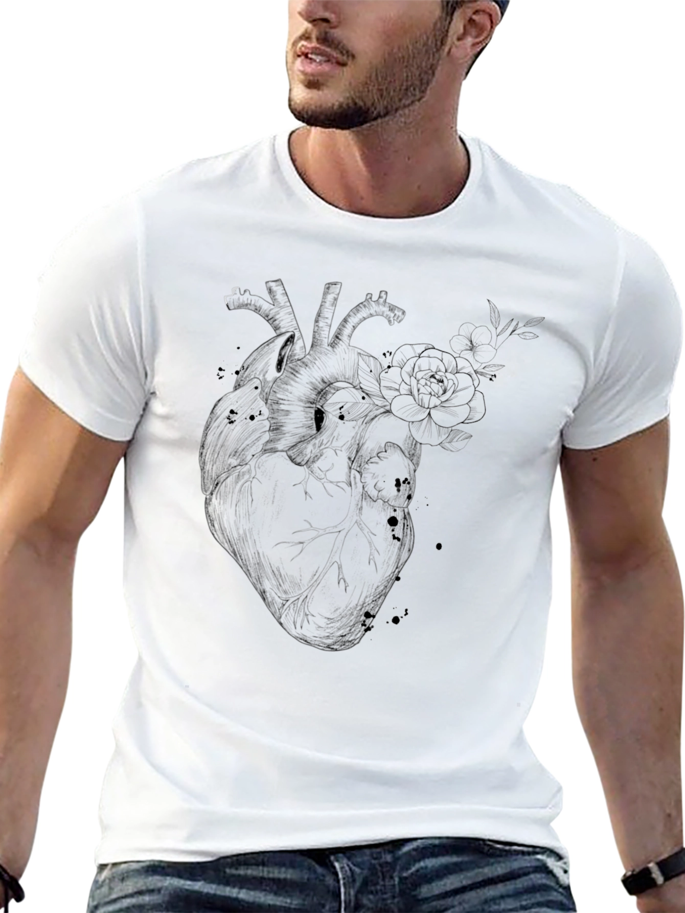 Black Anatomical Heart Floral Graphic Black T-Shirt view 13