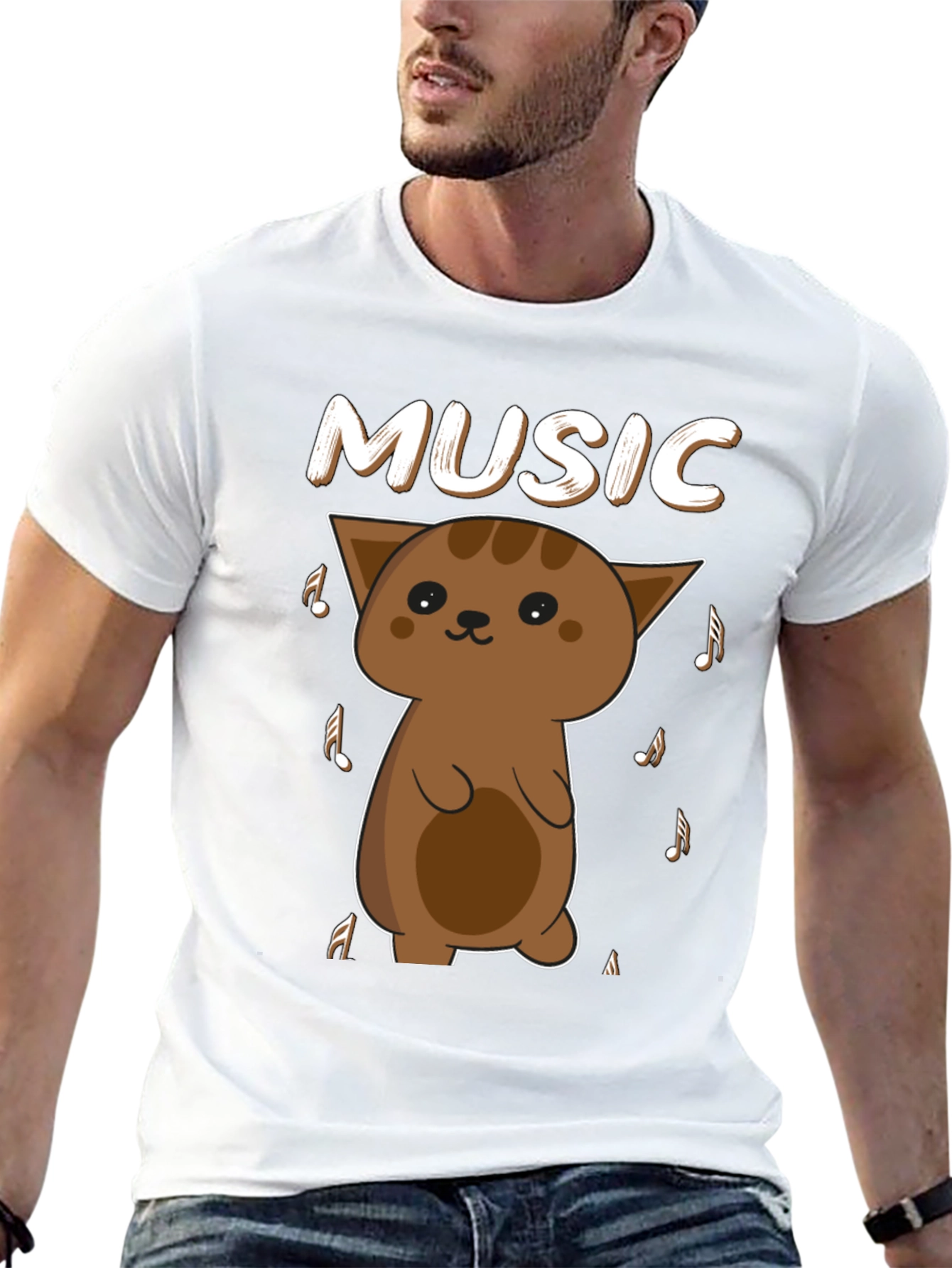 Black Cute Cat Music Lover T-Shirt - Unisex Soft Cotton Tee view 13