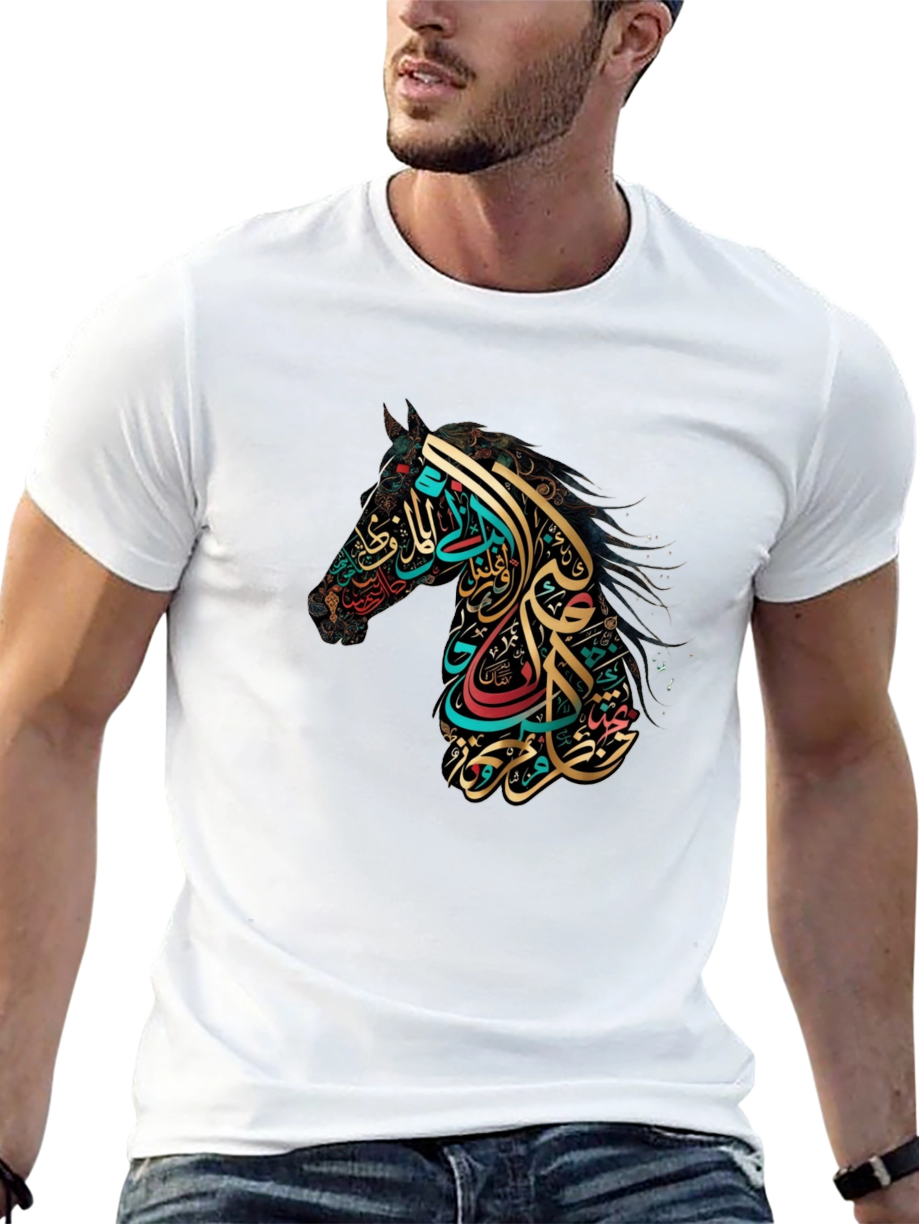 Black Arabic Calligraphy Horse Graphic Tee view 13