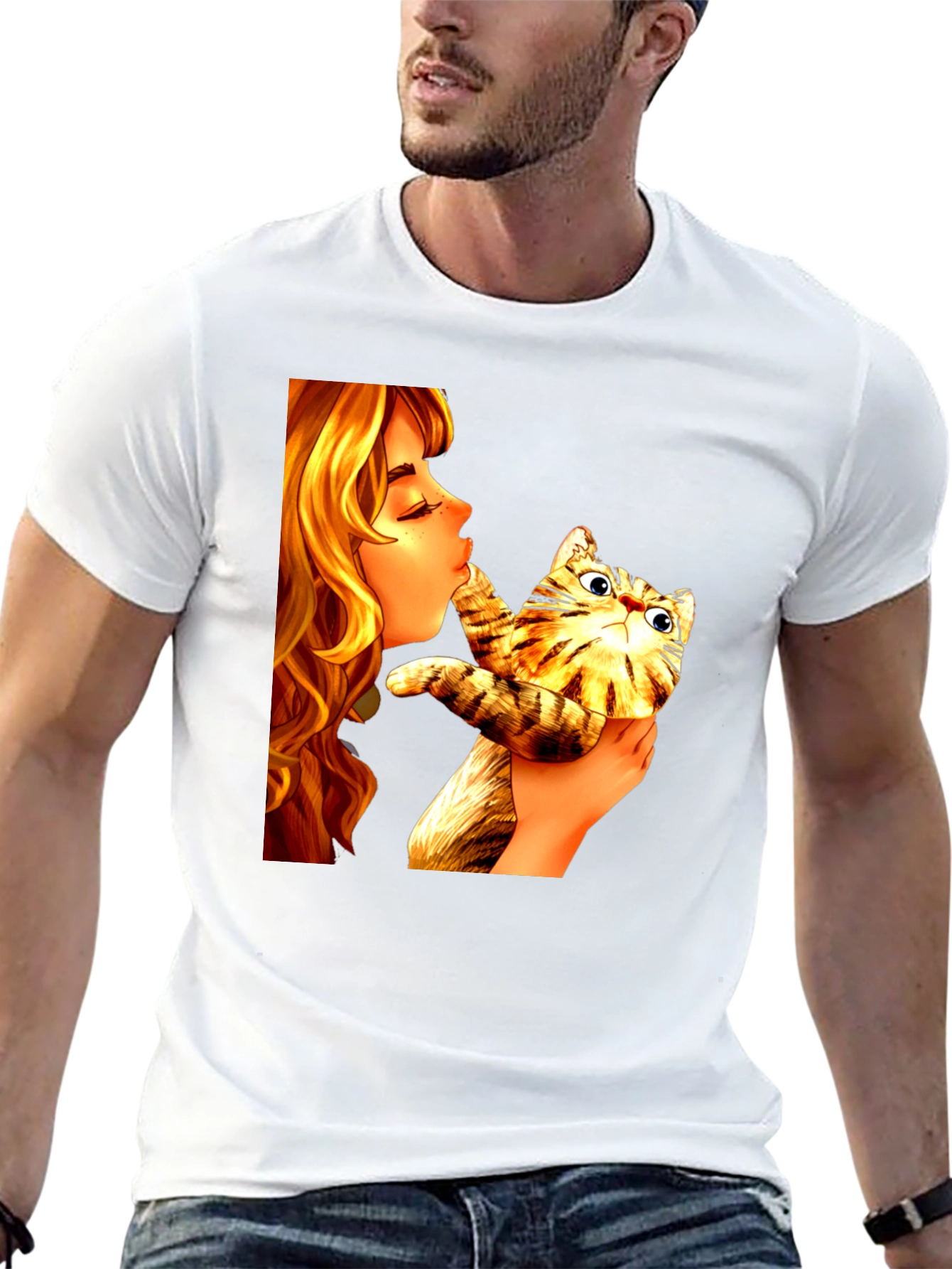 Black Girl Kissing Cat Graphic Tee - Novelty Unisex T-Shirt view 13