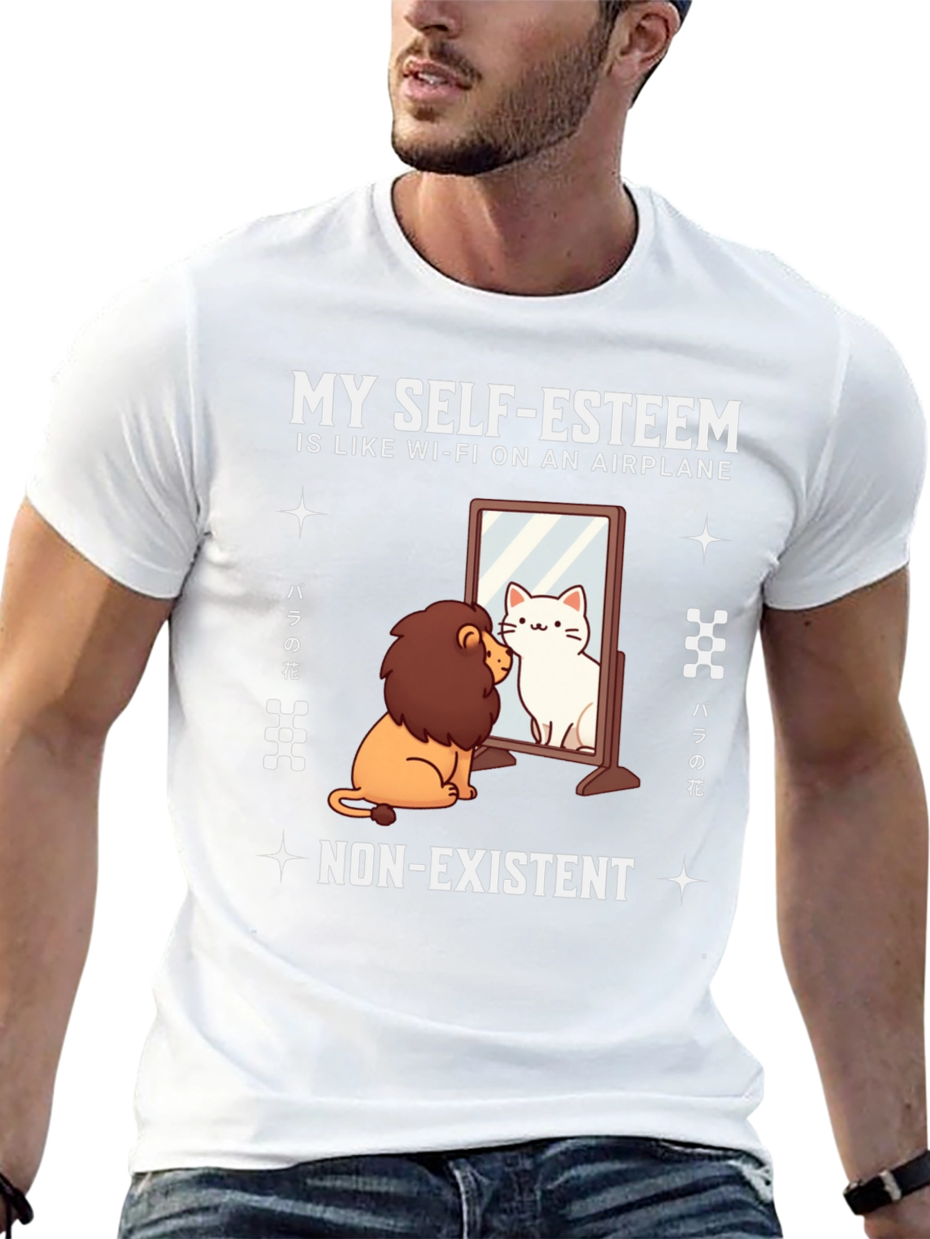 Black Self-Esteem Lion/Cat T-Shirt - Airplane Wi-Fi Funny Tee view 13