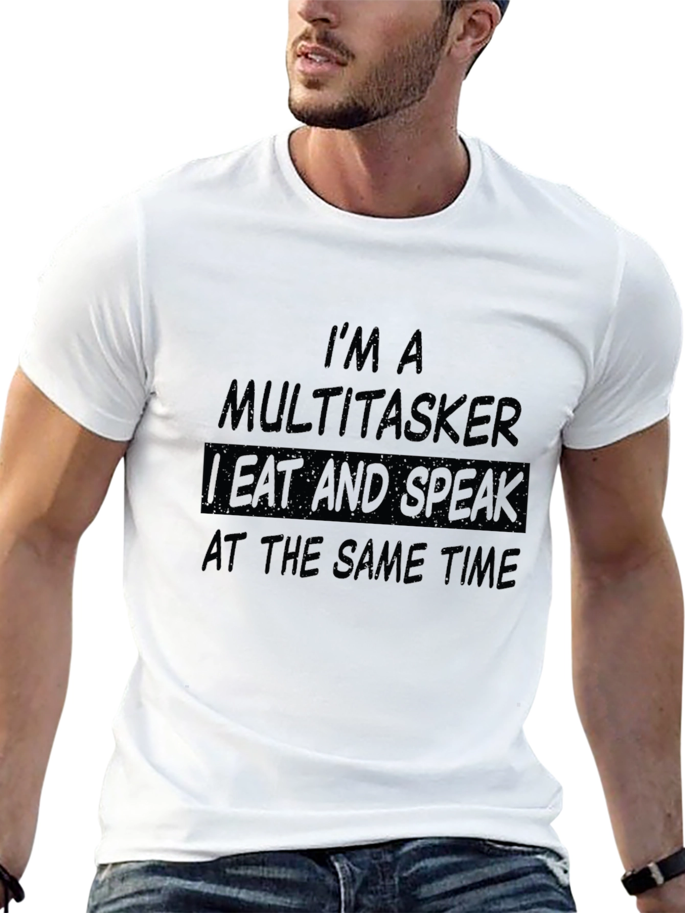 Black Multitasker Humor T-Shirt - I Eat and Speak Funny Tee view 13