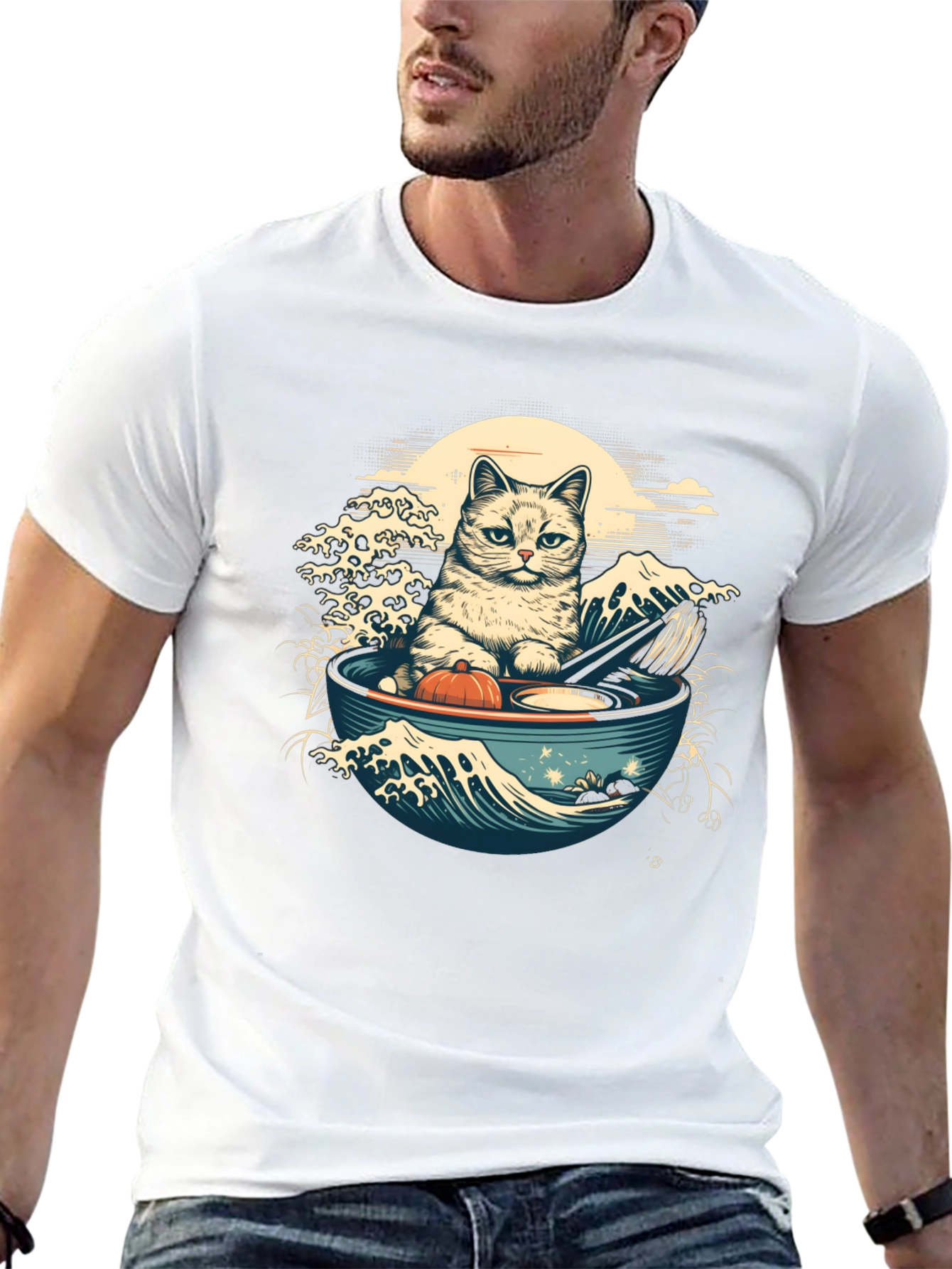 Black Cat Ramen Wave T-Shirt - Stylish Graphic Tee view 13