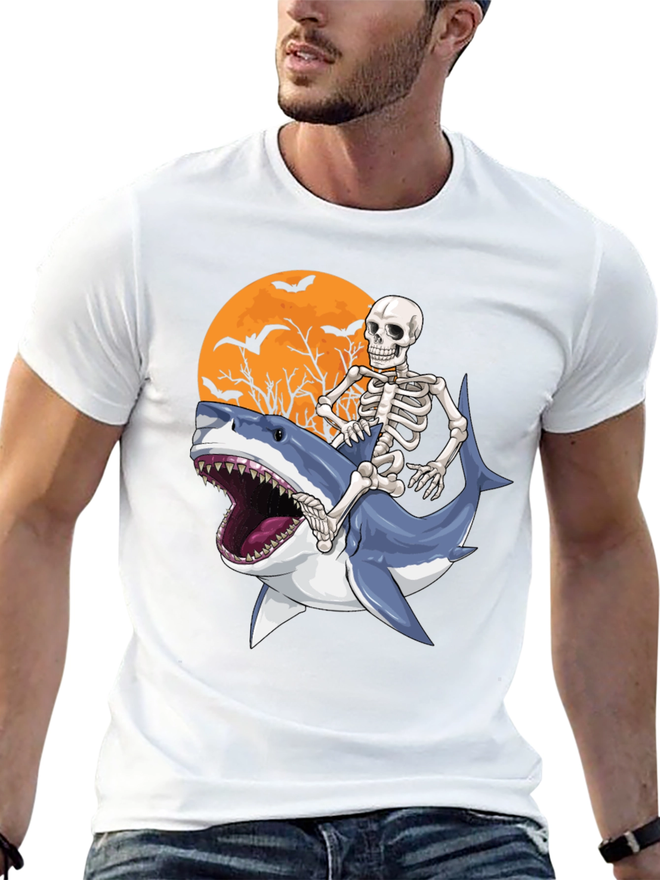 Black Skeleton Riding Shark Graphic T-Shirt - Halloween Style view 13