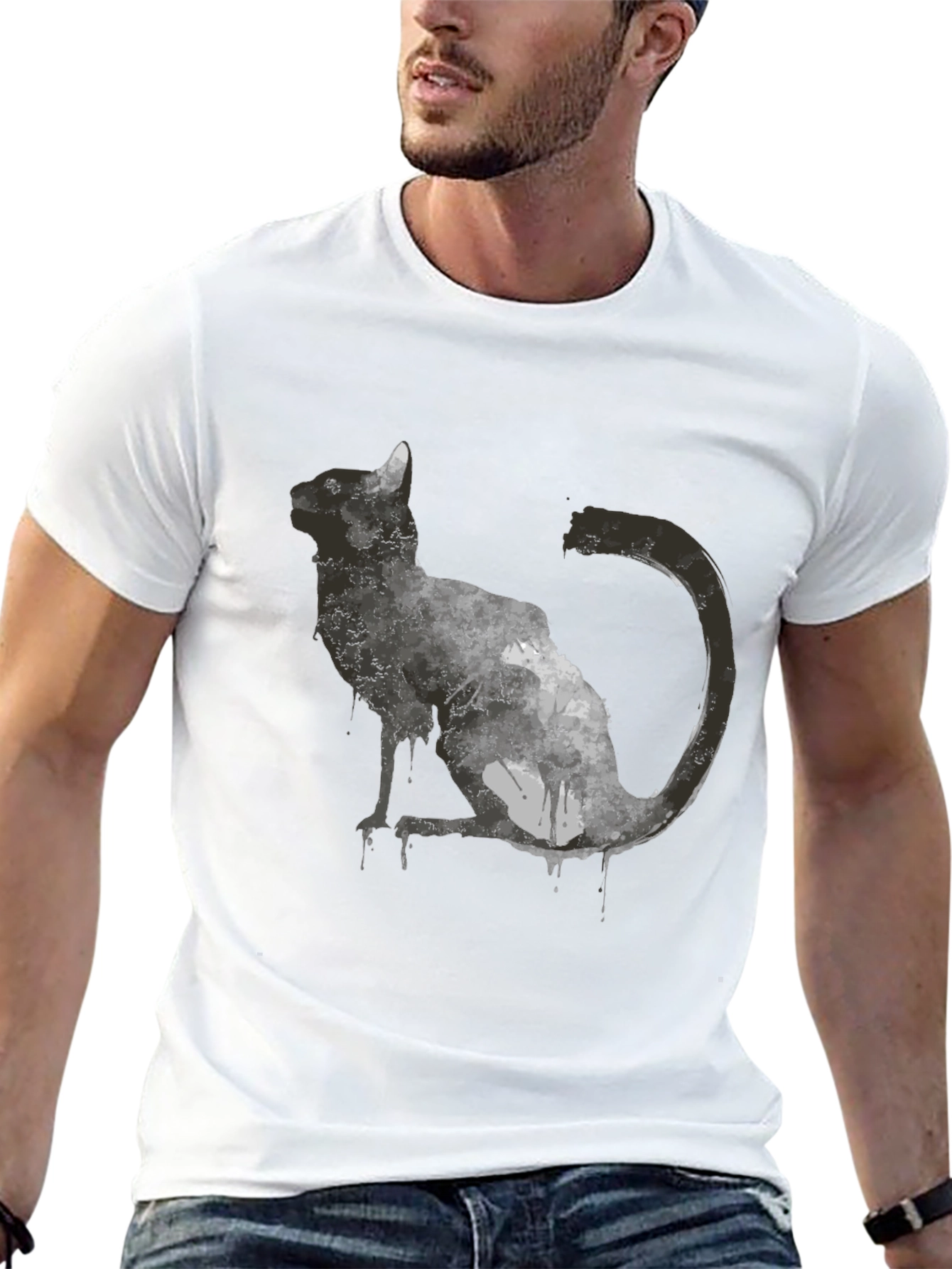 Black Abstract Cat Graphic T-Shirt - Black view 13