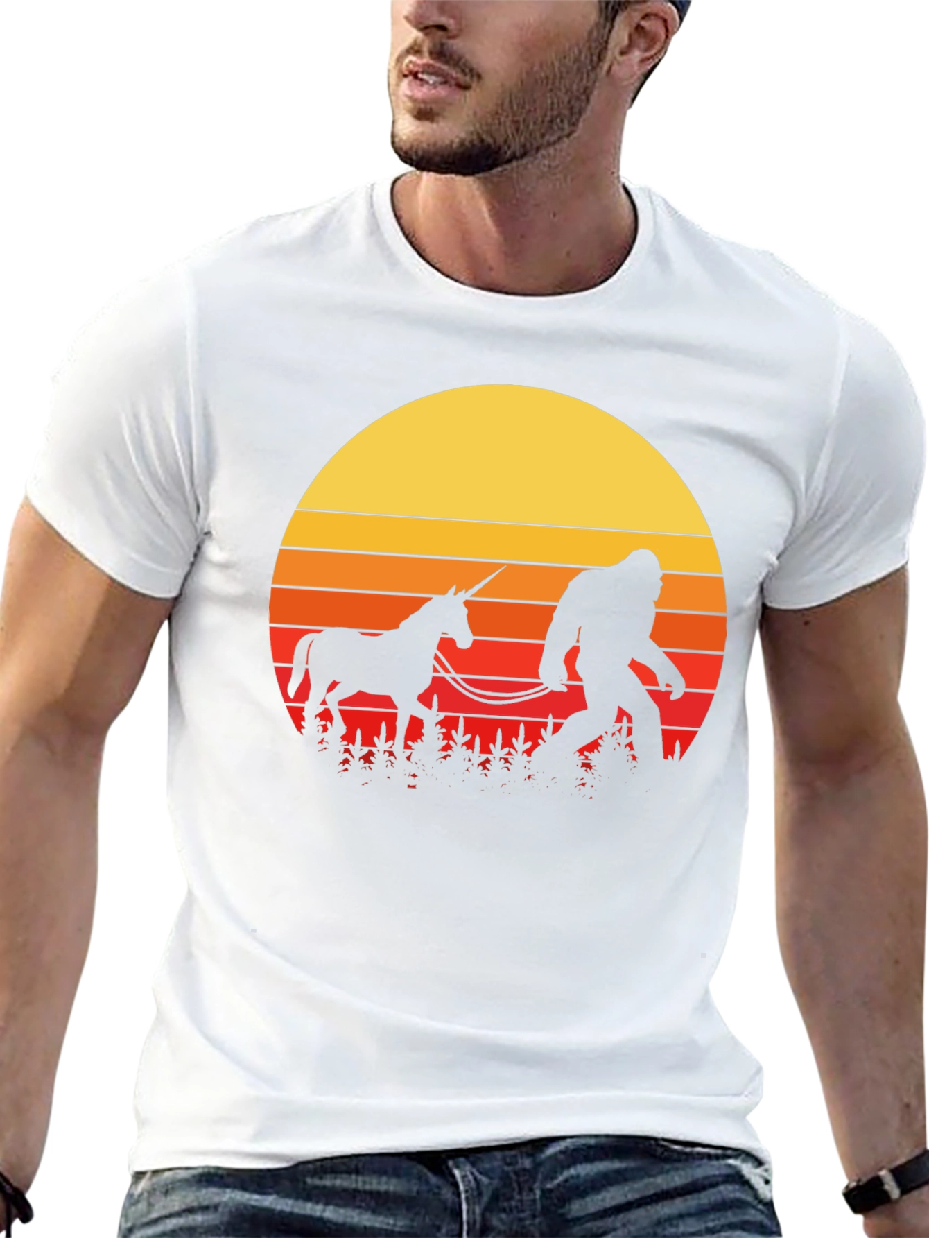 Black Sasquatch & Unicorn Sunset T-Shirt view 13