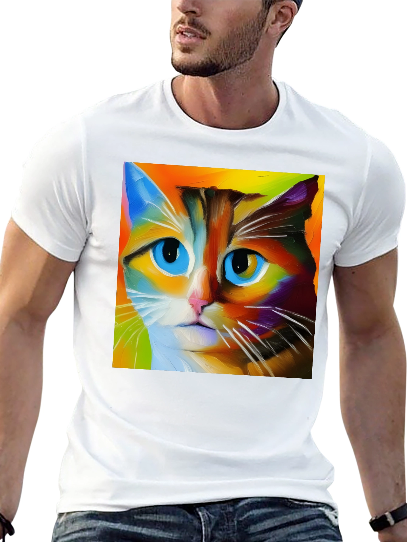 Black Colorful Cat Art T-Shirt view 13