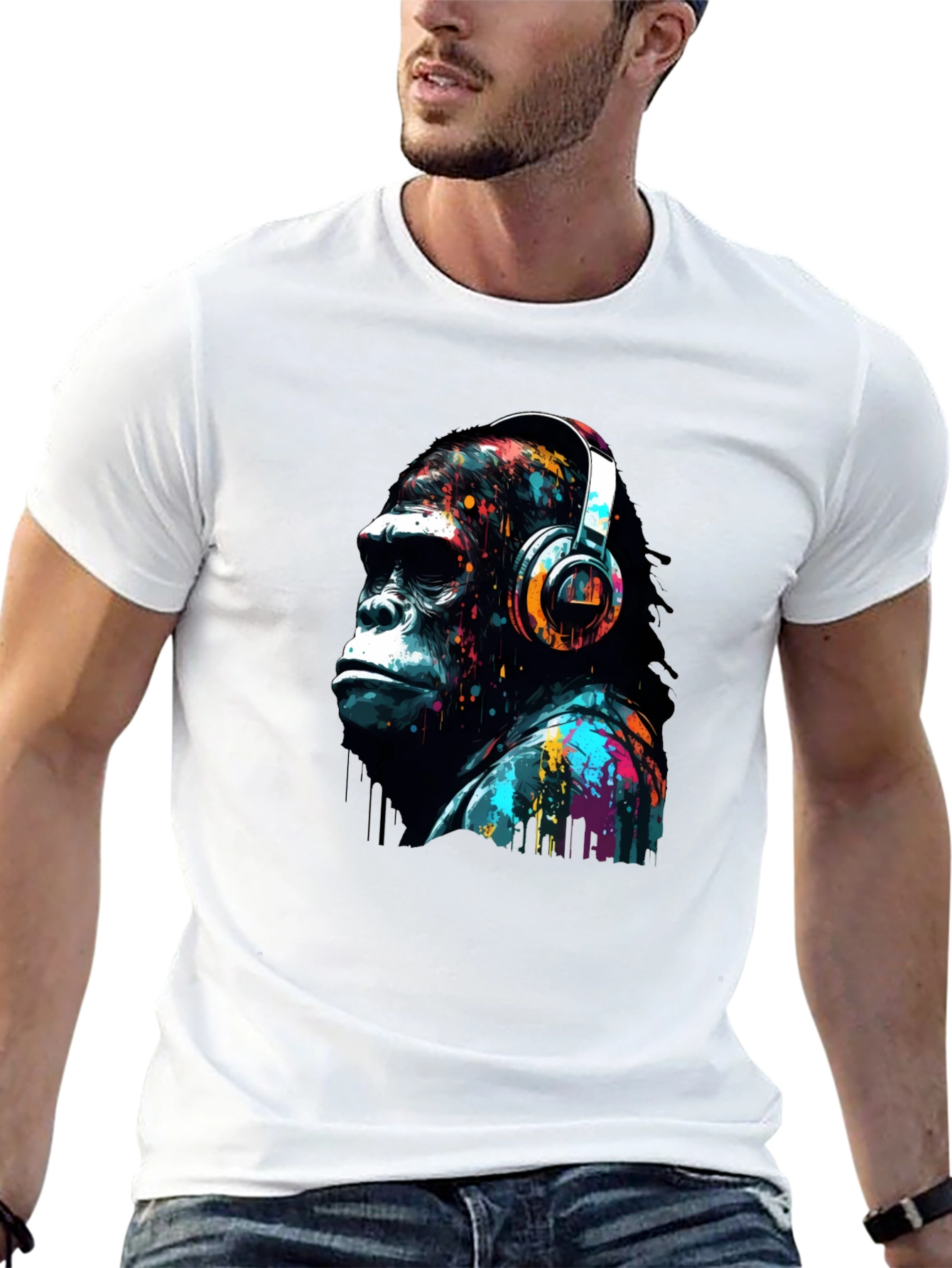 Black Gorilla Headphone Graphic Print Black T-Shirt view 13