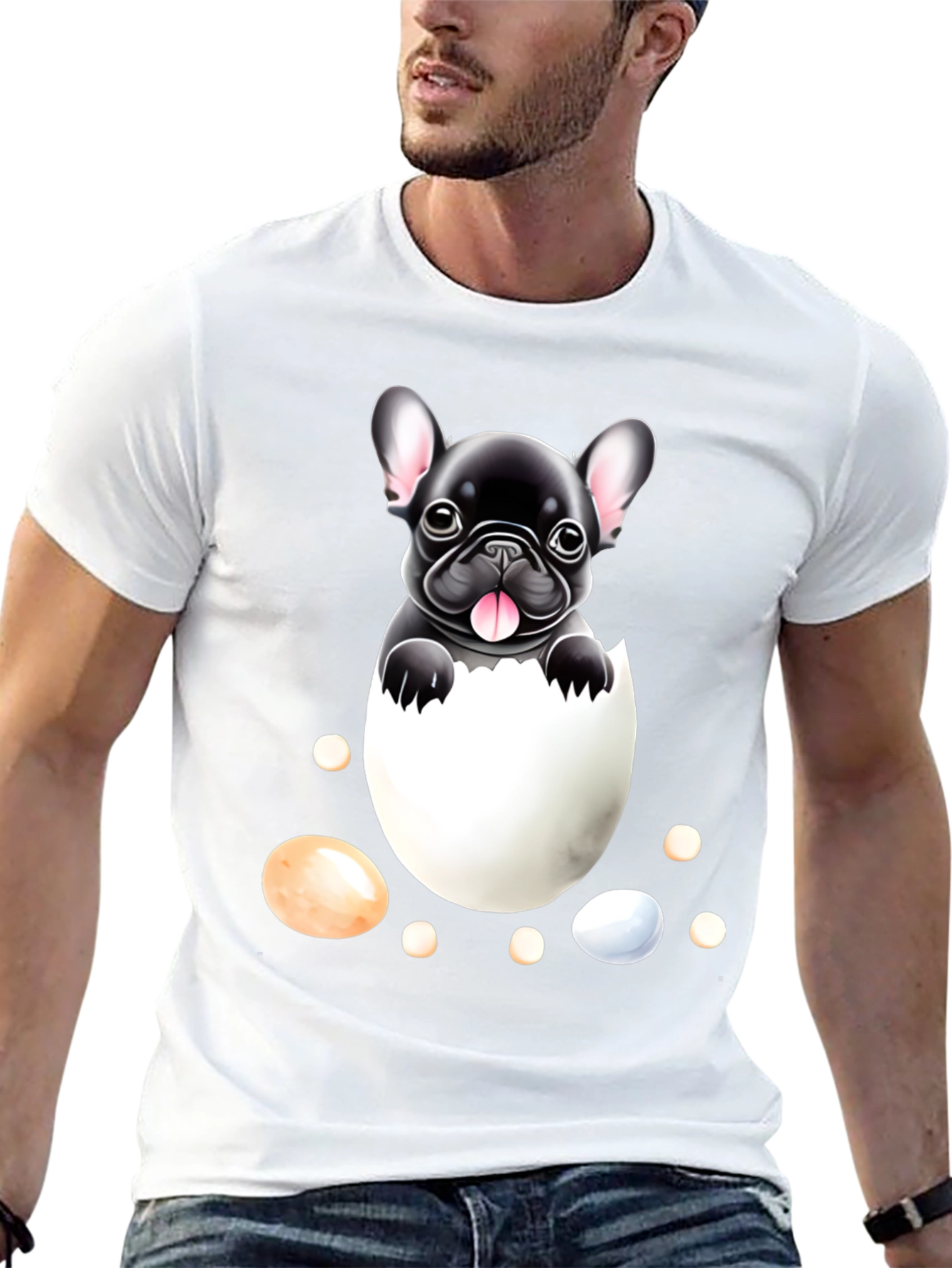 Black Bulldog Puppy in Egg Graphic Tee view 13
