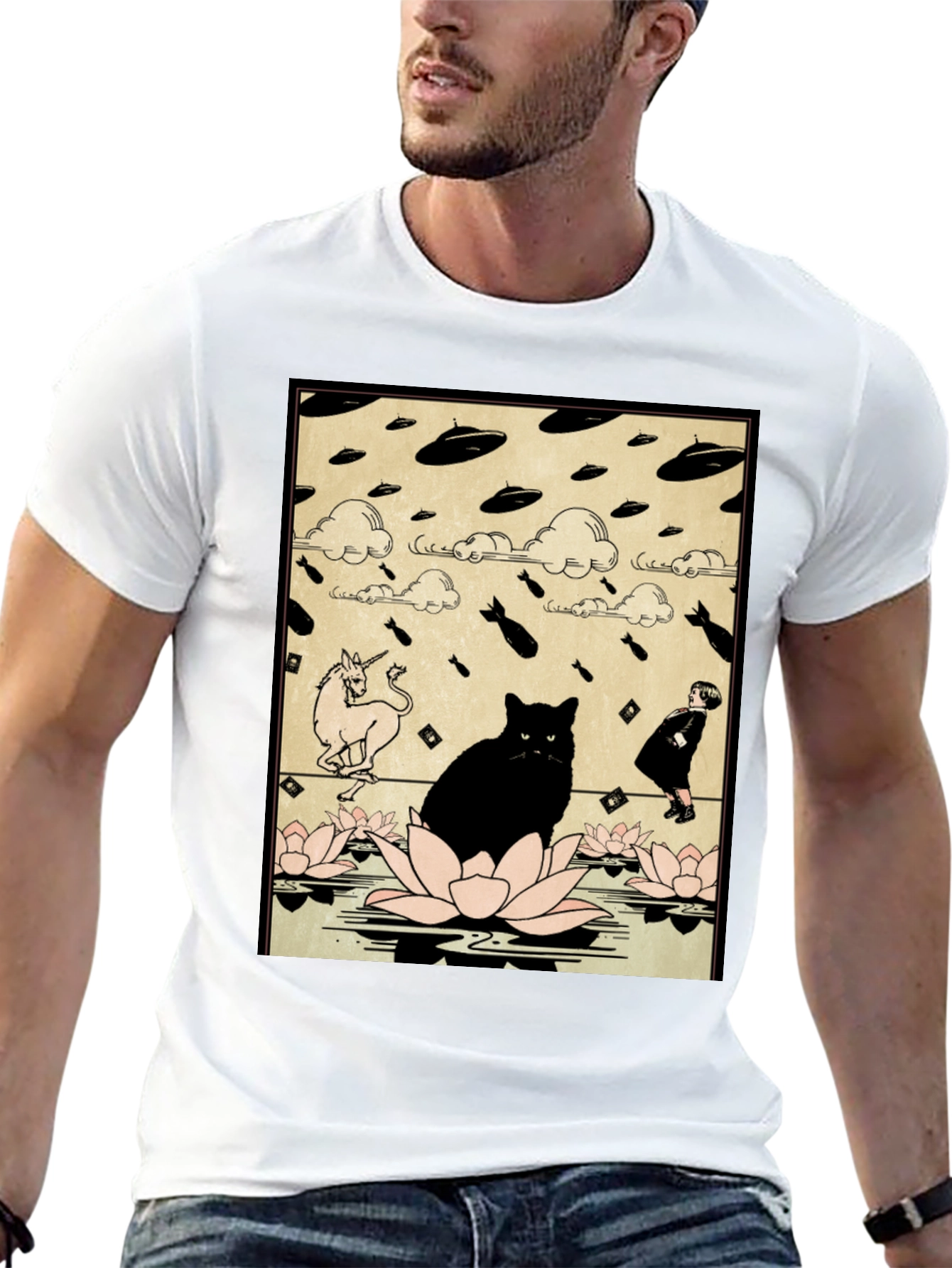Black Cat & Unicorn Invasion T-Shirt - Funny Graphic Tee view 13