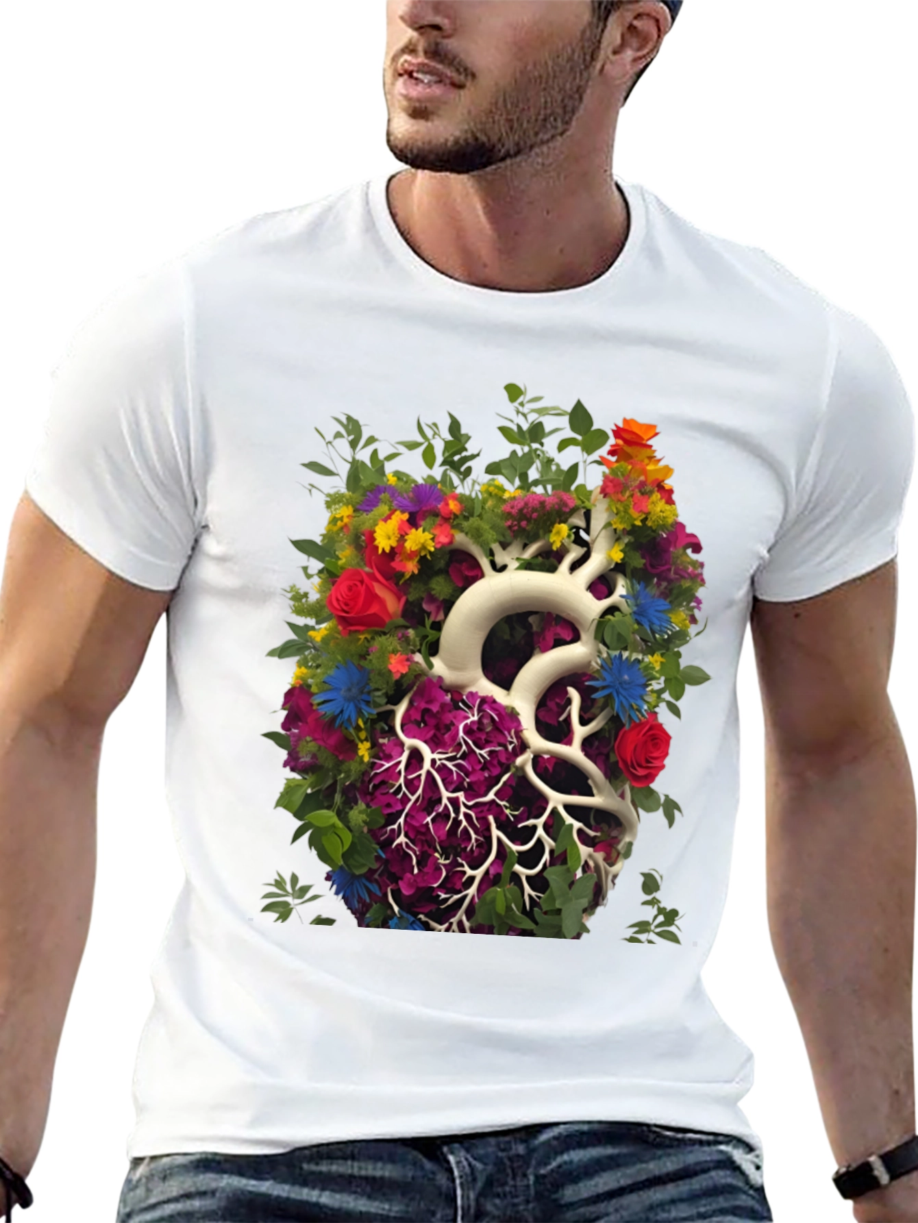 Black Floral Heart Anatomy T-Shirt - Unique Graphic Tee view 13
