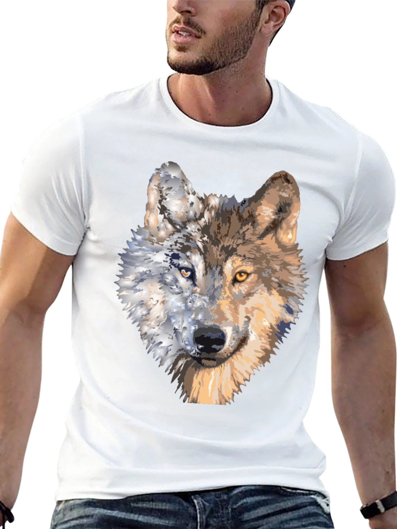 Black Wolf Portrait Graphic Tee - Unique Two-Faced Design view 13