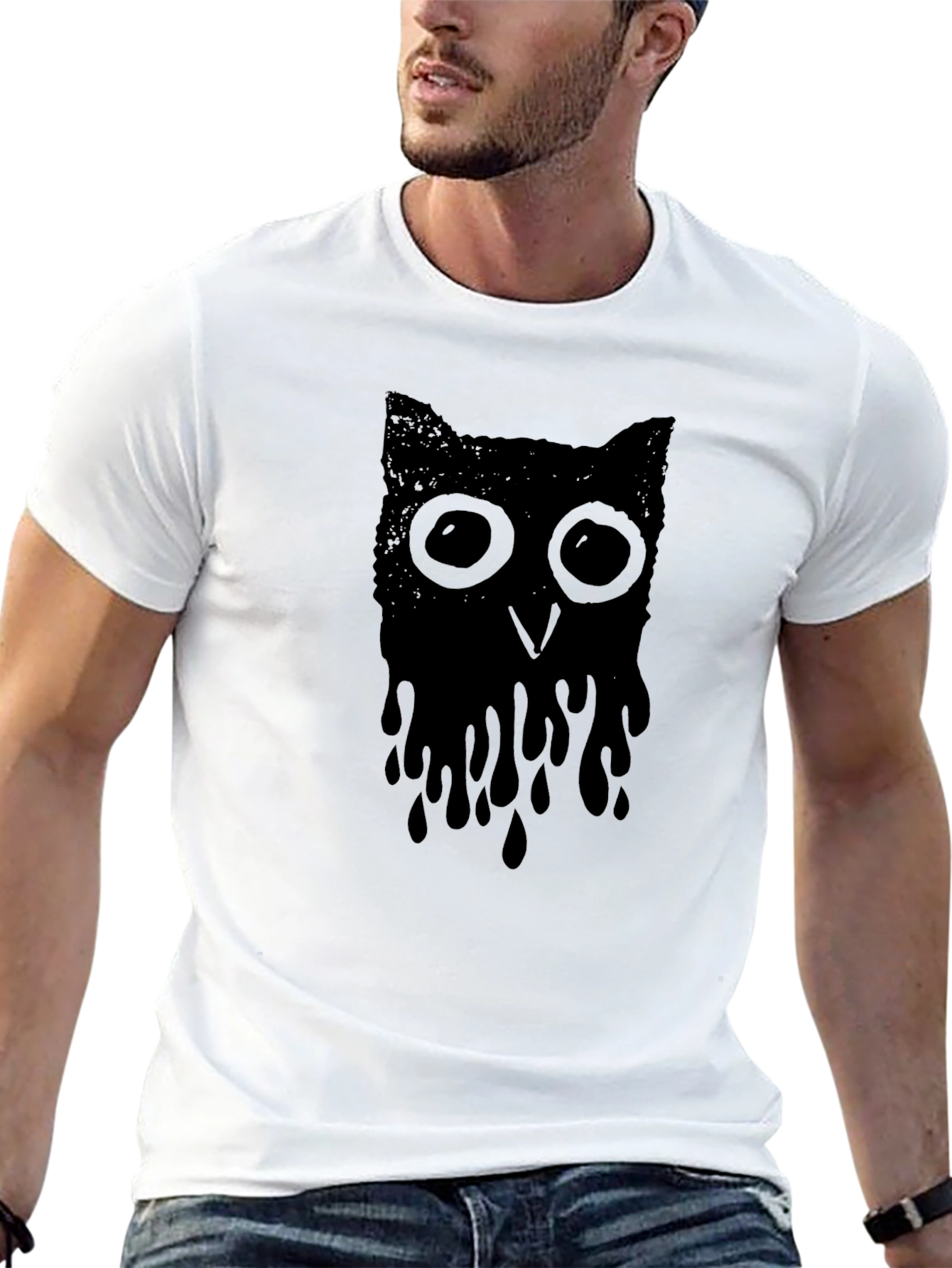 Black Melting Owl Graphic Tee - Black Crew Neck T-Shirt view 13