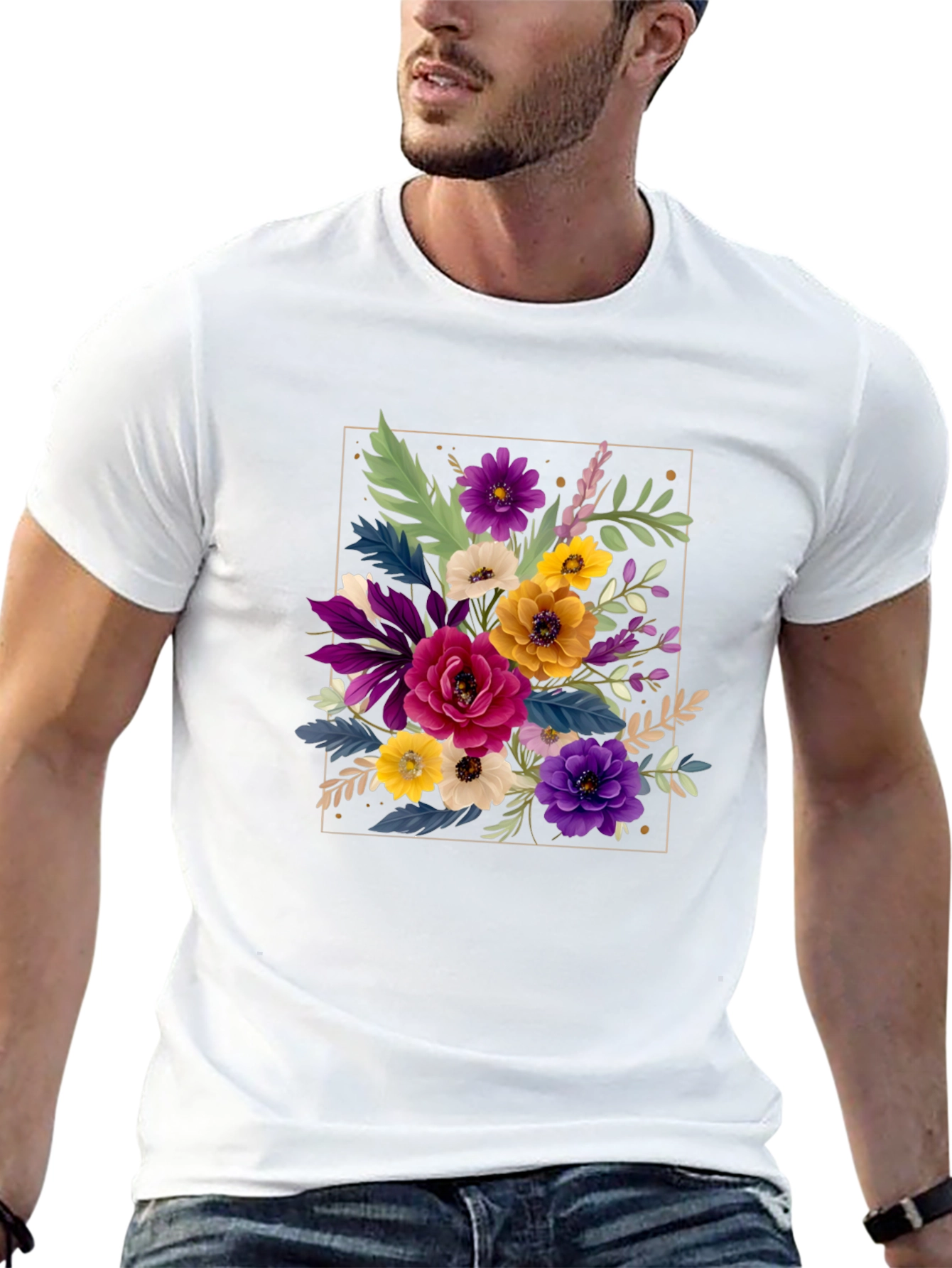 Black Floral Bouquet Graphic Print Men's Black T-Shirt view 13