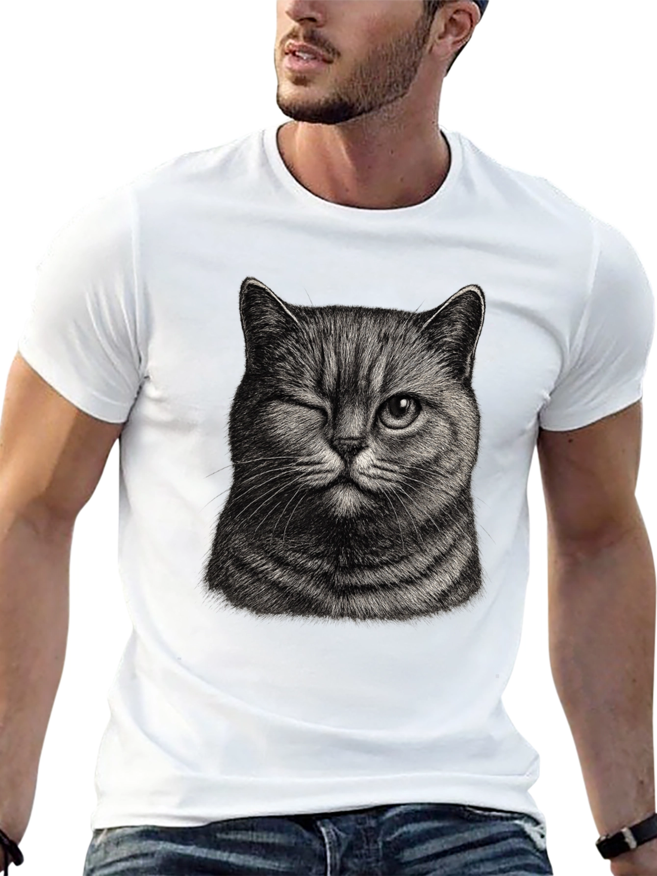 Black Winking Cat Graphic Tee - Men's Black T-Shirt view 13