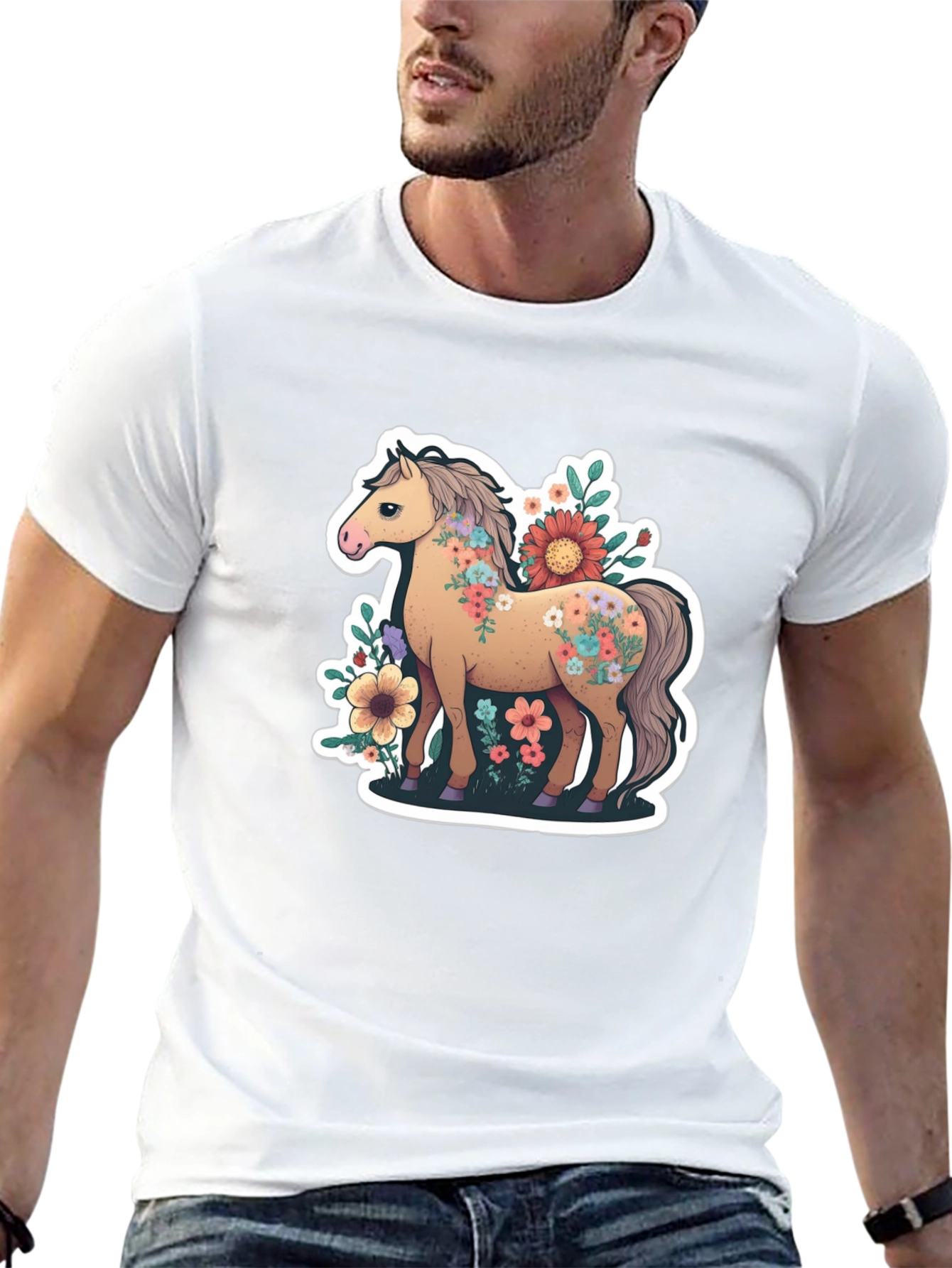 Black Floral Horse Tee - Stylish Graphic T-Shirt view 13