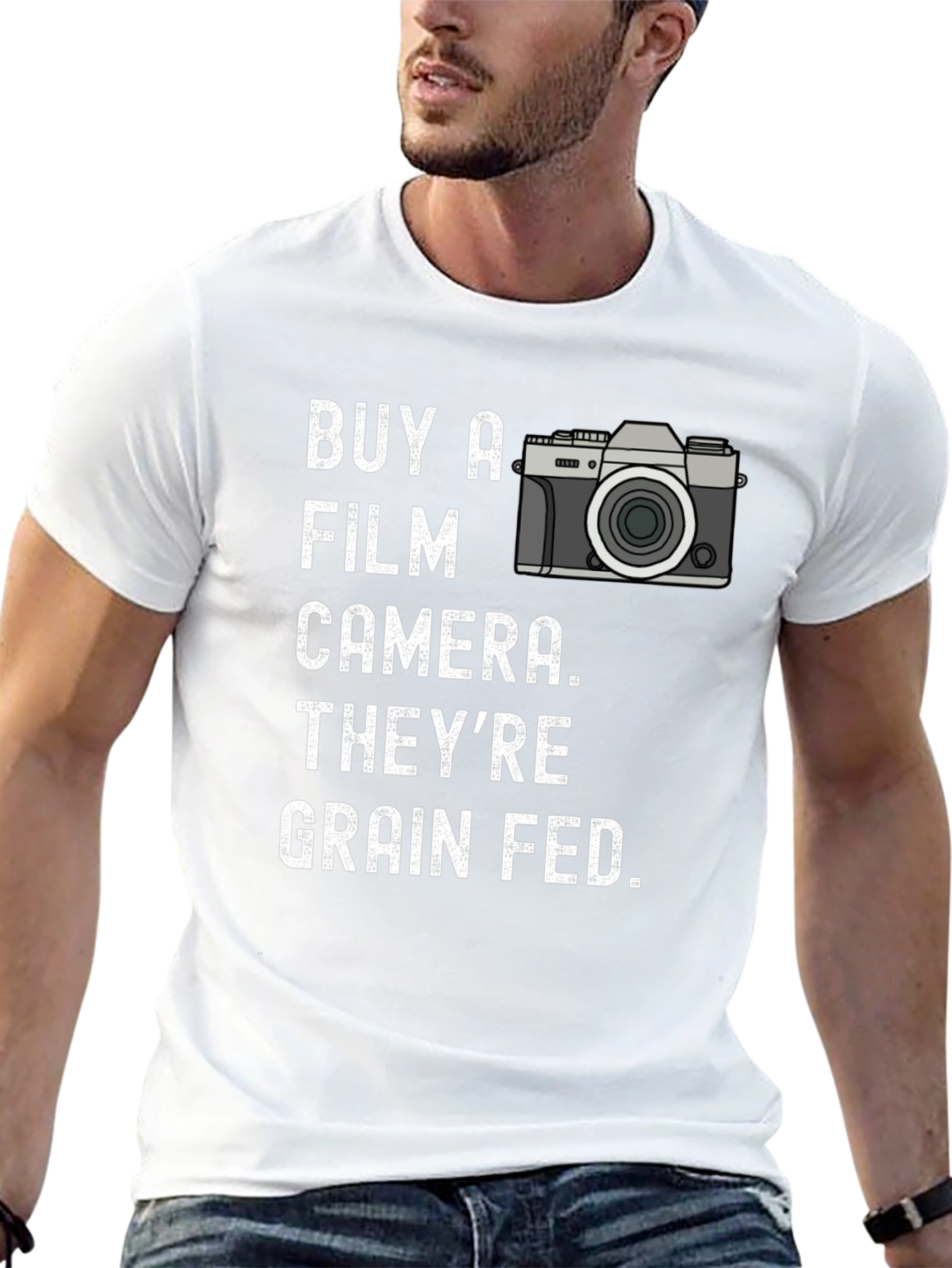 Black Buy a Film Camera T-Shirt - Grain Fed Humor Tee view 13