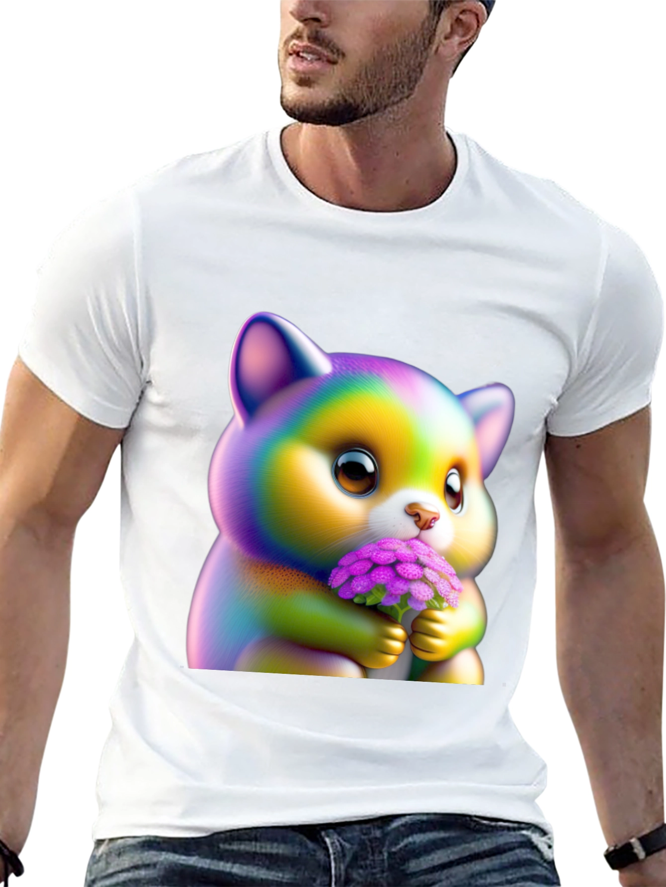 Black Cute Rainbow Kitten Holding Flowers Graphic Tee view 13