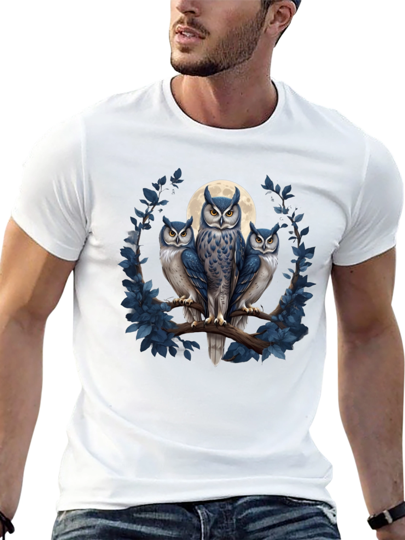 Black Owl Trio Graphic Tee - Moonlit Birds on Branch T-Shirt view 13